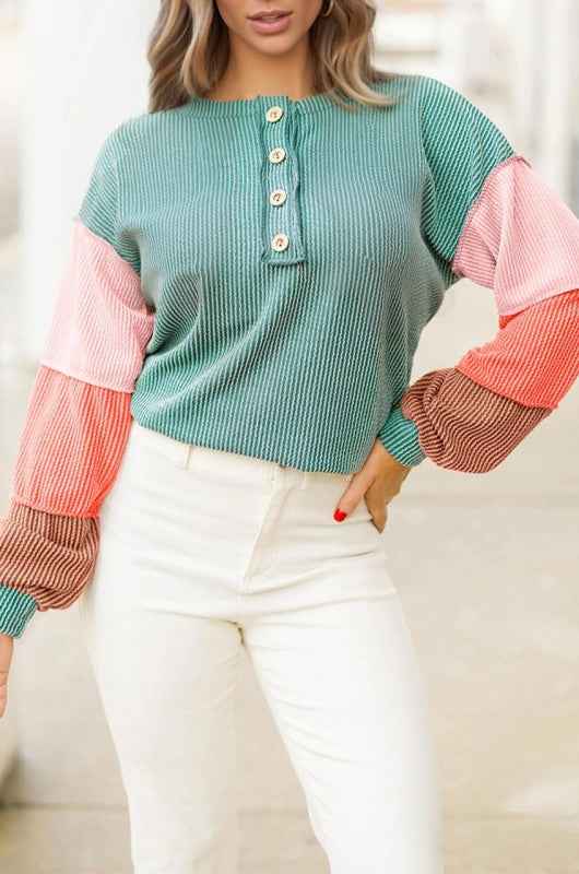 Colorblock Corded Knit Long Sleeve Henley Top Multicolour 047bb23d-c531-4c8f-9691-87f601b32ce6