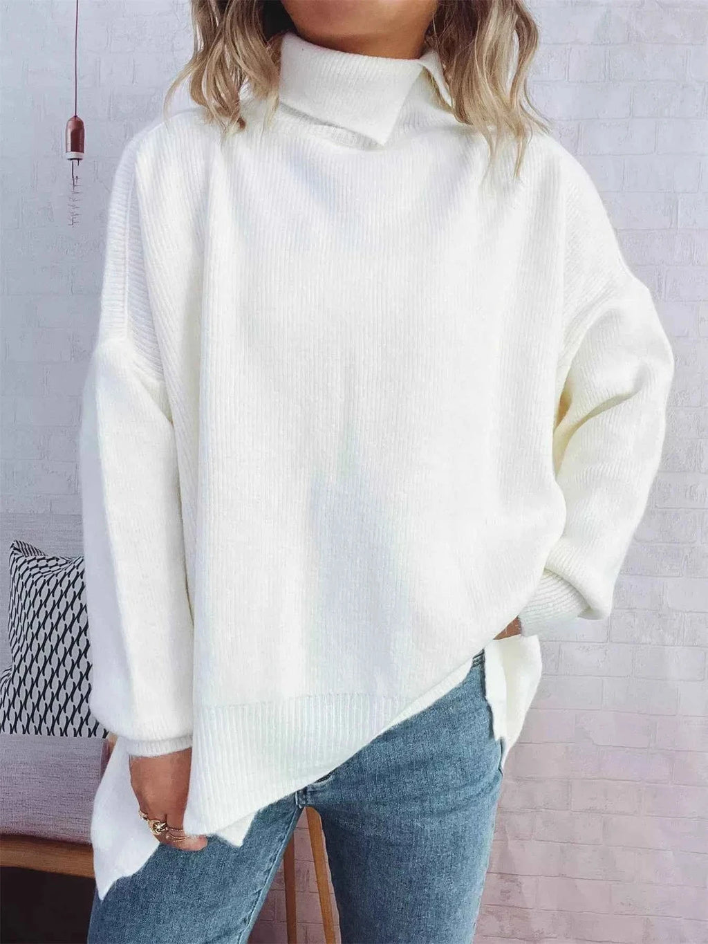 Slit Turtleneck Long Sleeve Sweater White One Size 0489f73c46044caa9ff35cb5b7a4a2fd-Max-Origin