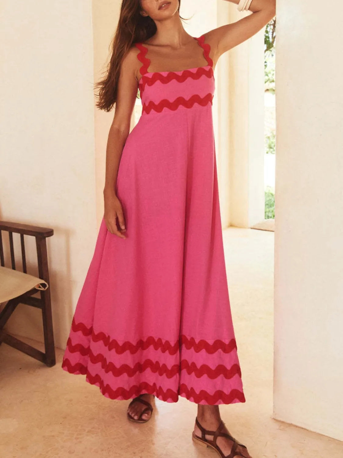 Contrast Trim Square Neck Maxi Cami Dress Pink Red 049a1f34-dcda-4ea6-960f-368bb40f83a8-Max-Origin