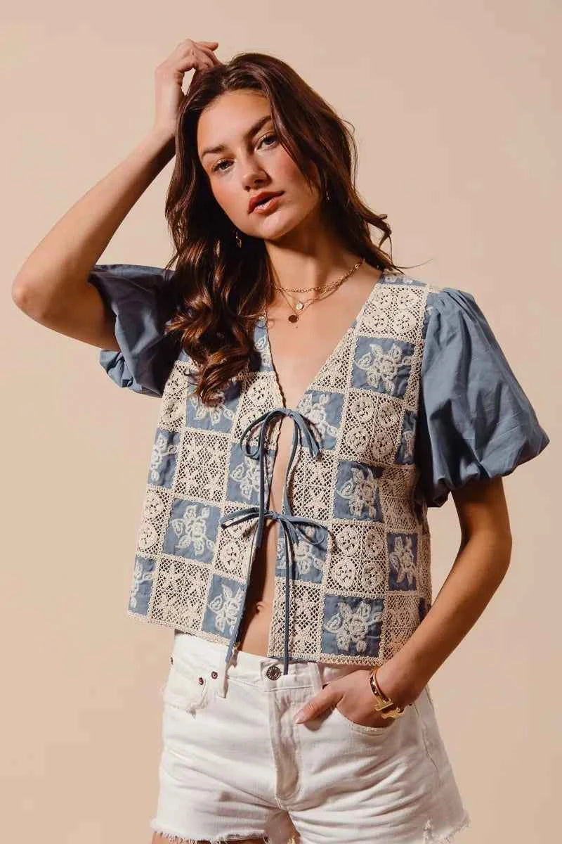 SO ME Crochet Lace Tie Front V Neck Blouse Top 04b5b3e558364507b0cc010618b5099c-Max-Origin