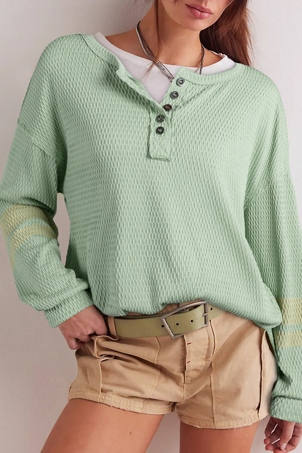 Meadow Mist Green Textured Colorblock Sleeve Henley Sweatshirt Meadow Mist Green 95%Polyester+5%Elastane 04e4505c0a1d38e7