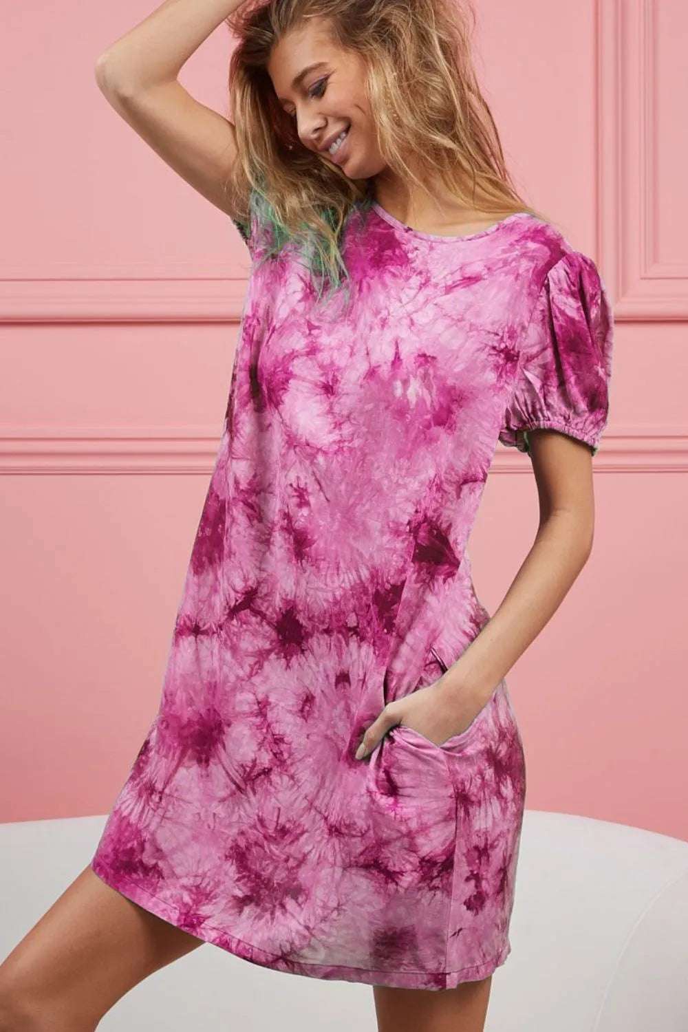 BiBi Puff Sleeve With Side Pockets Tie Dye Dress FUCHSIA 04ea56dc-7ce7-41a0-a23a-e92af5525b82-Max-Origin-webp_1