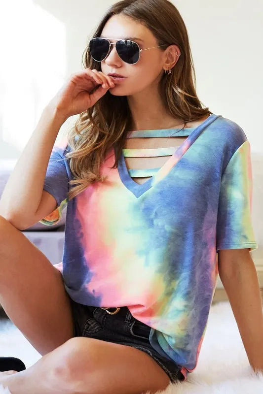 BiBi Tie-Dye V-Neck Short Sleeve T-Shirt 04ede992206248c6b28085317104a9a2-Max-Origin