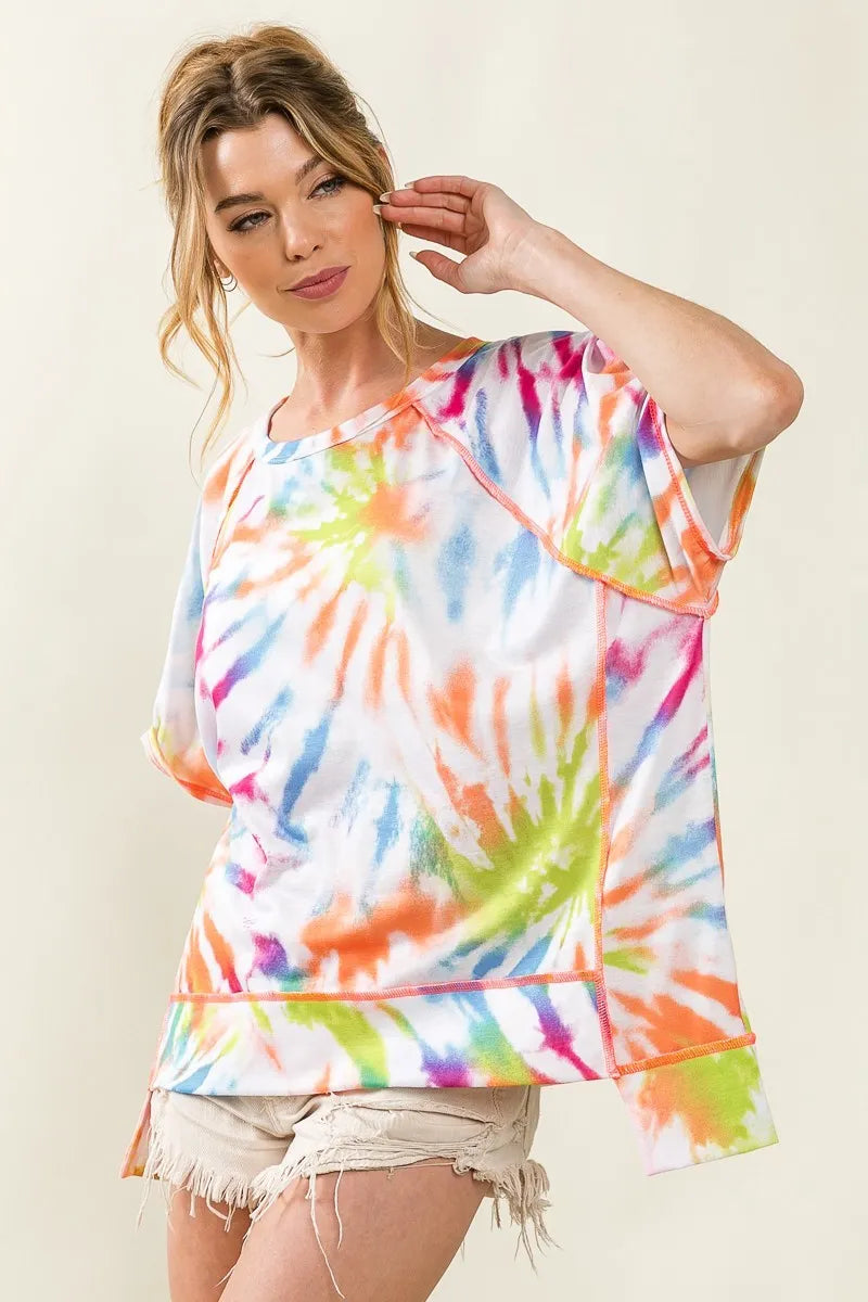BiBi Tie Dye Print Jersey Stitched Uneven Hem Top 04f7f4b393254013a2757c24d53406ca-Max-Origin
