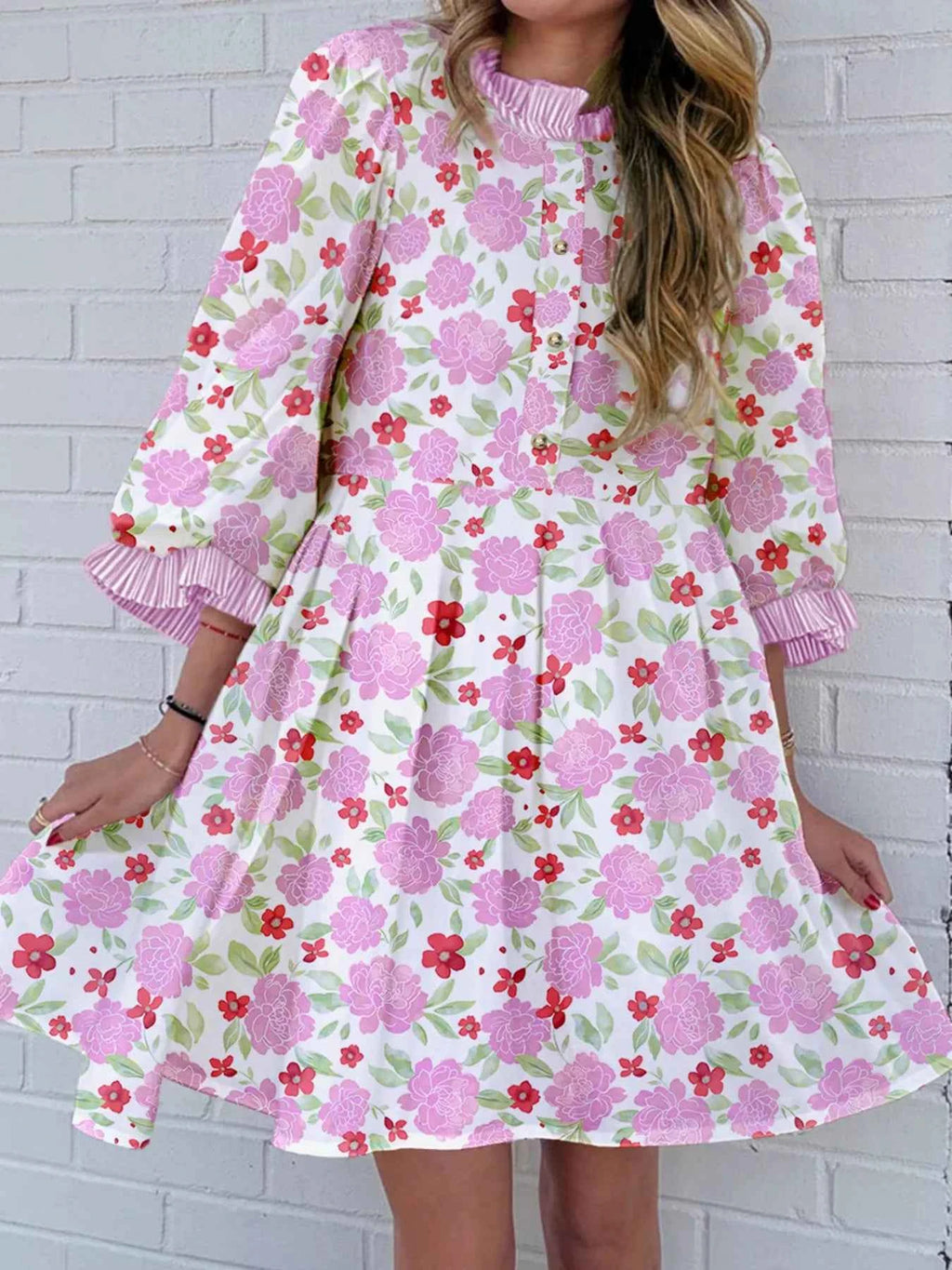 Floral Print Striped Trim Frilled Neck 3/4 Sleeve Flared Mini Dress Fuchsia Pink 04f9a701912843adbf1b8eb2d13ea620-Max-Origin