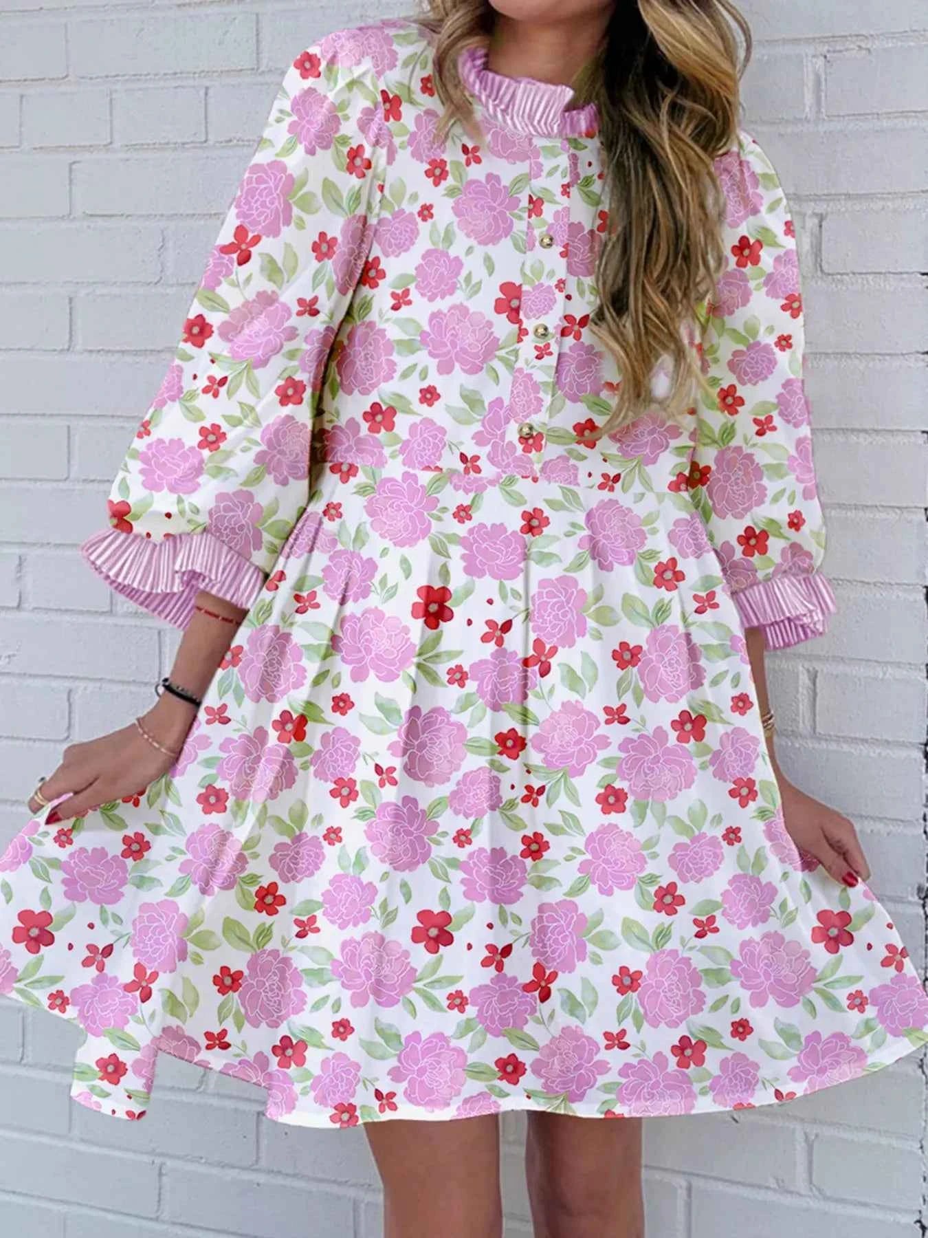 Floral Print Striped Trim Frilled Neck 3/4 Sleeve Flared Mini Dress Fuchsia Pink 04f9a701912843adbf1b8eb2d13ea620-Max-Origin