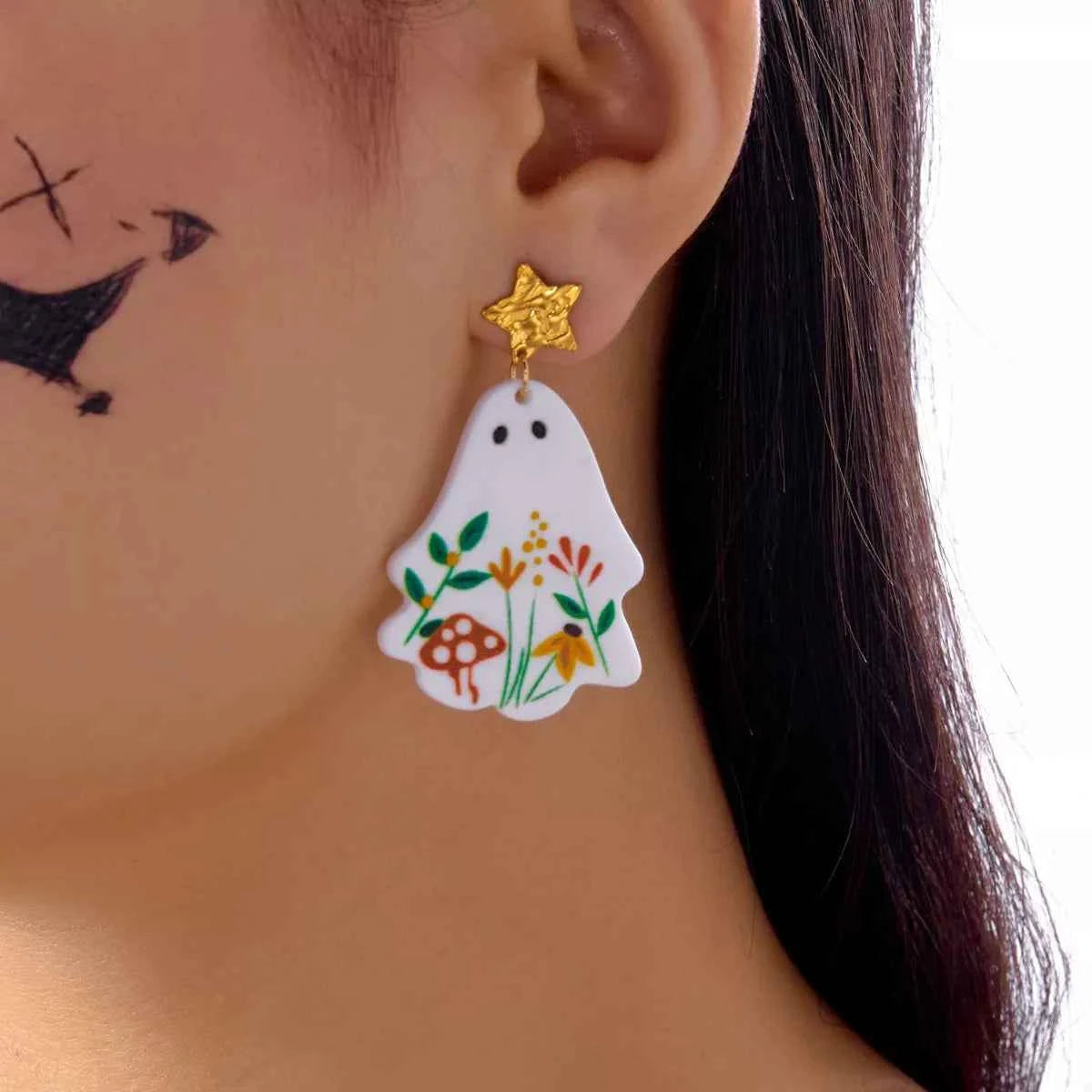Whimsical Ghost Earrings with Floral Design White One Size 04ff39fd-64f5-4fd6-9325-ad918788f81f-Max-Origin