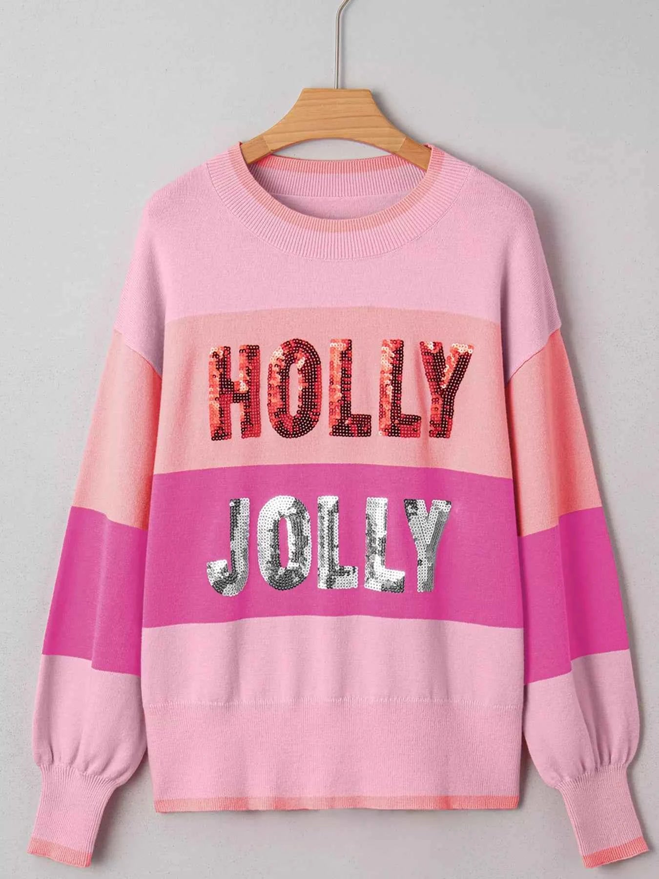 Sequined HOLLY JOLLY Color Block Crew Neck Sweater 05031f9b271b4ad3a7734db08d82ce40-Max-Origin