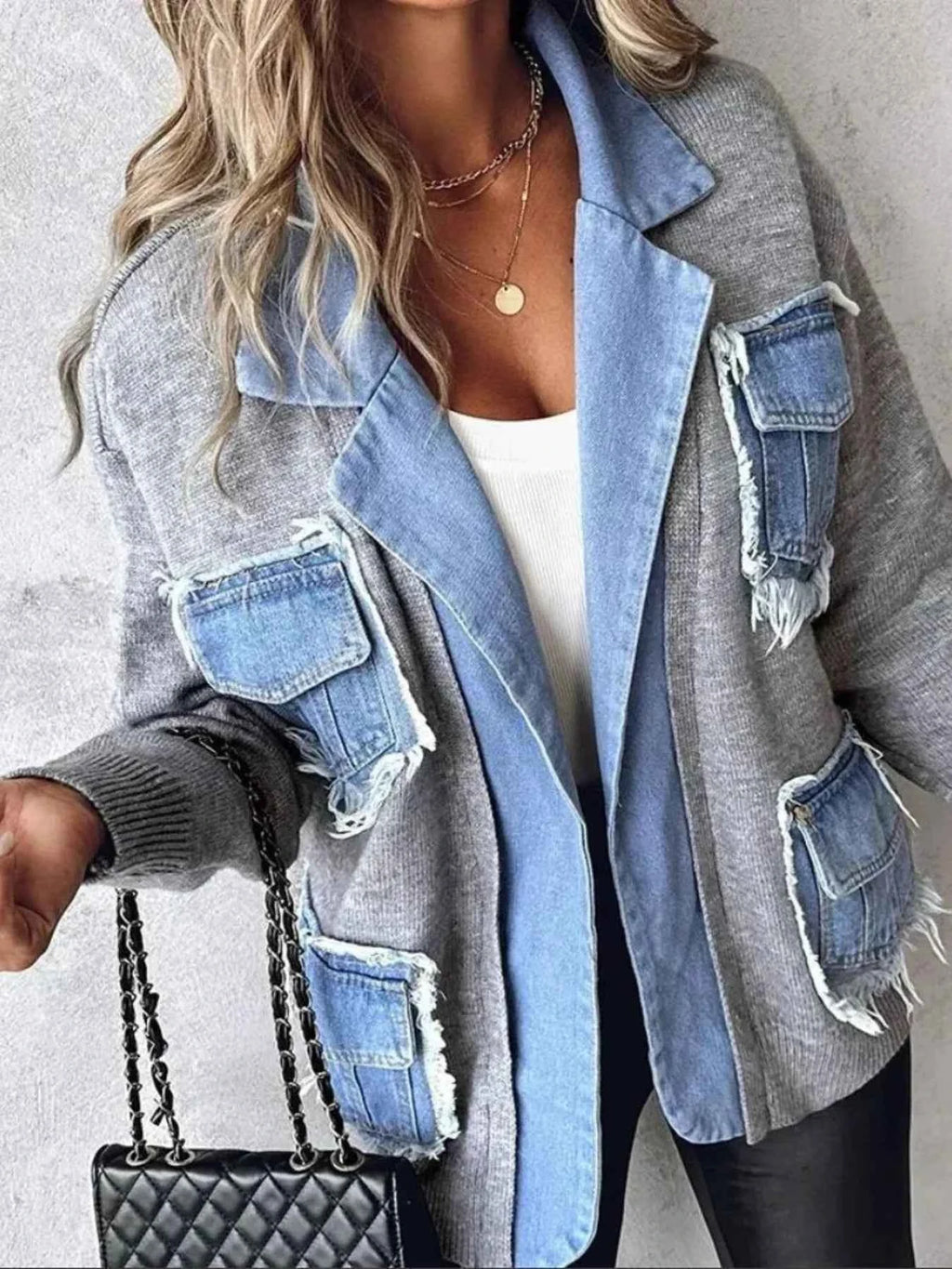 Raw Hem Denim Pocket Patchwork Cardigan 050796ab2a5d4ffab45d840966616394-Max-Origin