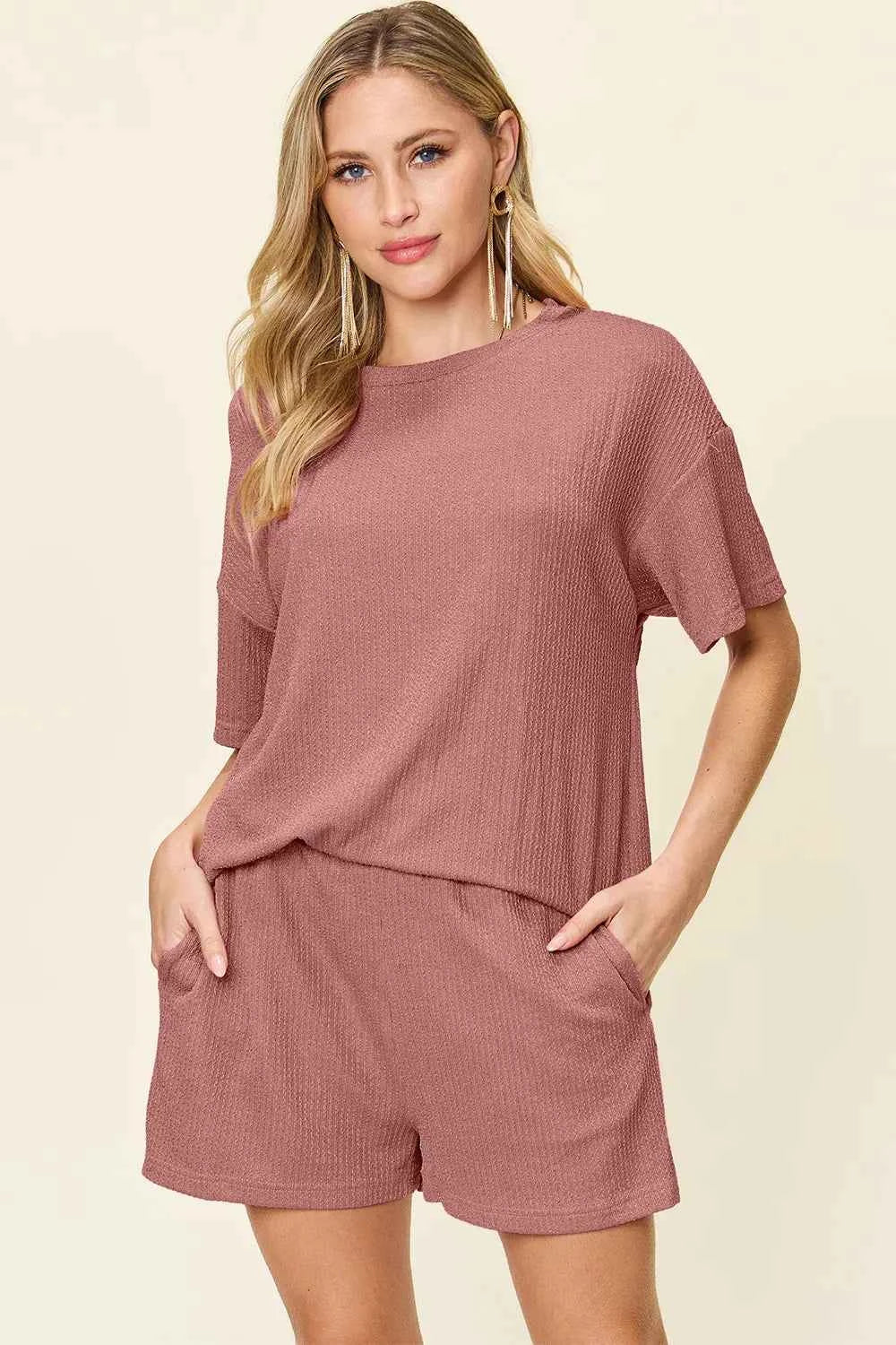 Double Take Full Size Round Neck Short Sleeve T-Shirt and Shorts Set Light Mauve 051a3736-c4a6-4ec7-8a50-c25d510995fa-Max