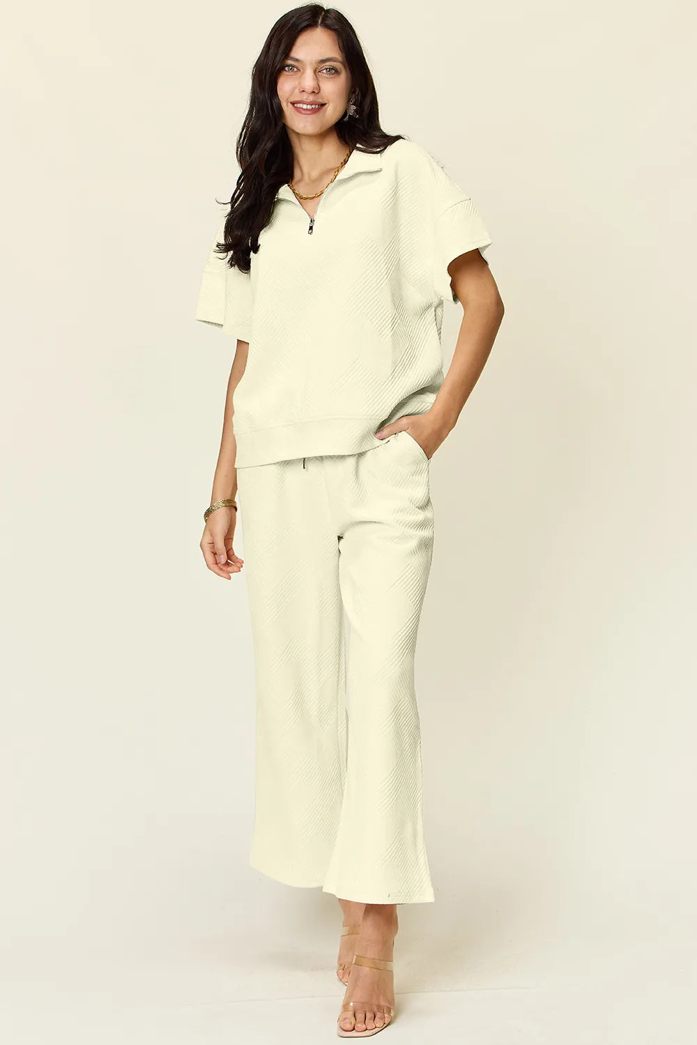 Double Take Full Size Texture Half Zip Short Sleeve Top and Pants Set Cream 051b805b-e00b-492a-a2ec-aa33fe1160ac-Max
