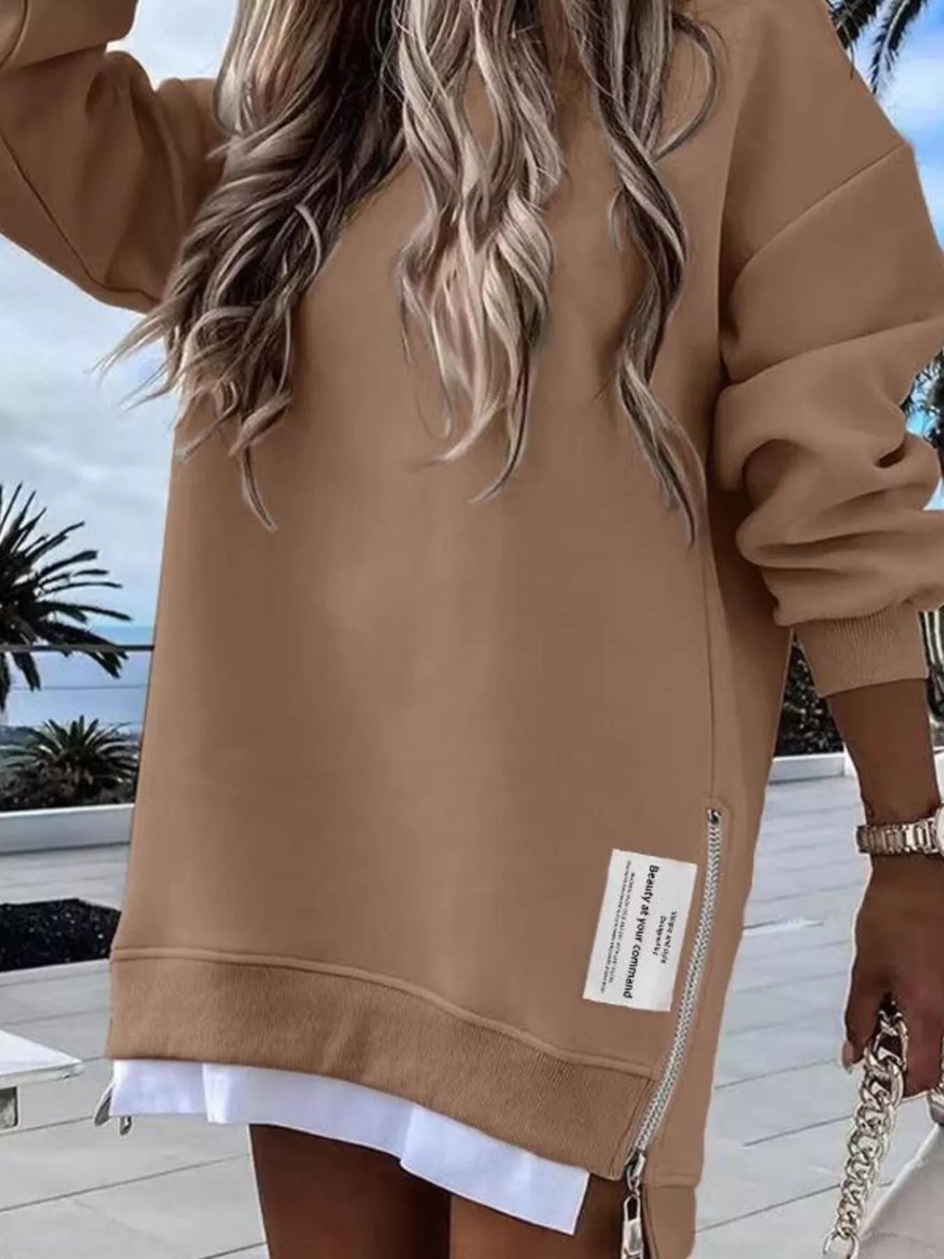 Side Slit Round Neck Long Sleeve Sweatshirt Light Khaki 052f011cd369461dab336cf53330f955-Max-Origin