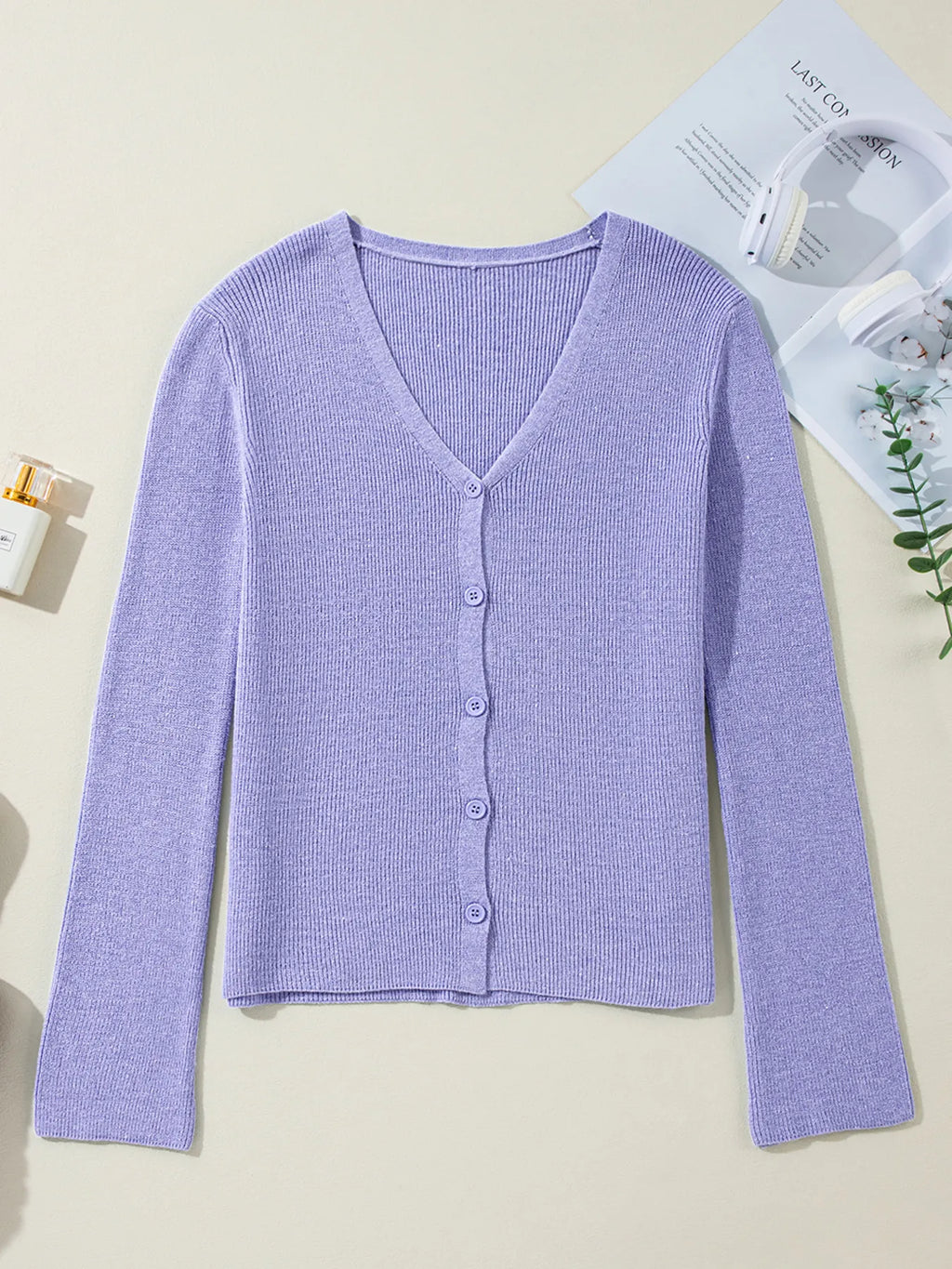 Ribbed Knit Button Front V Neck Cardigan 05306976235b46f89ead4cd7e411ec15-Max-Origin