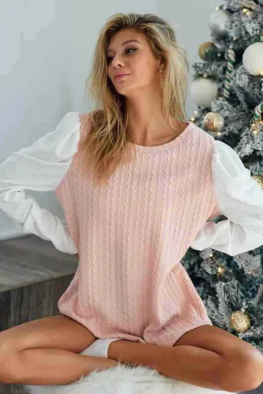 BiBi Cable Sweater Knit Top with Contrast Puff Sleeve 053235e74a854da5928bb36a616bce63-Max-Origin