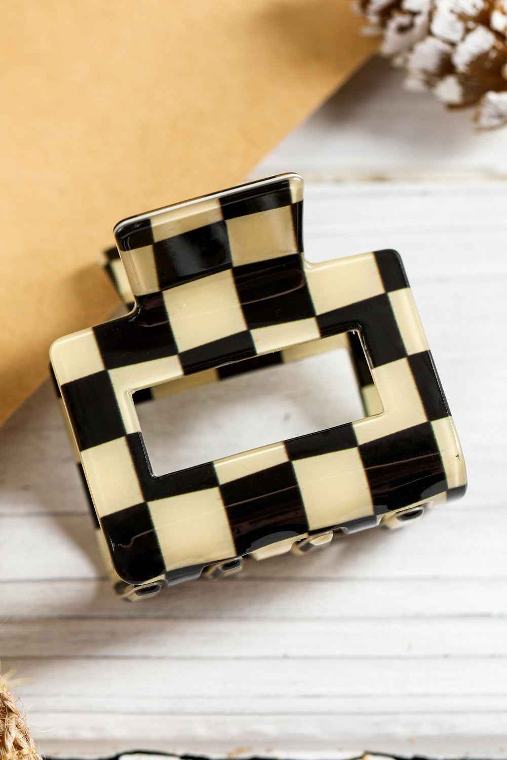 Black Checkerboard Print Hollowed Mini Square Claw Clip Black ONE SIZE acrylic 053d4cb94ada0036
