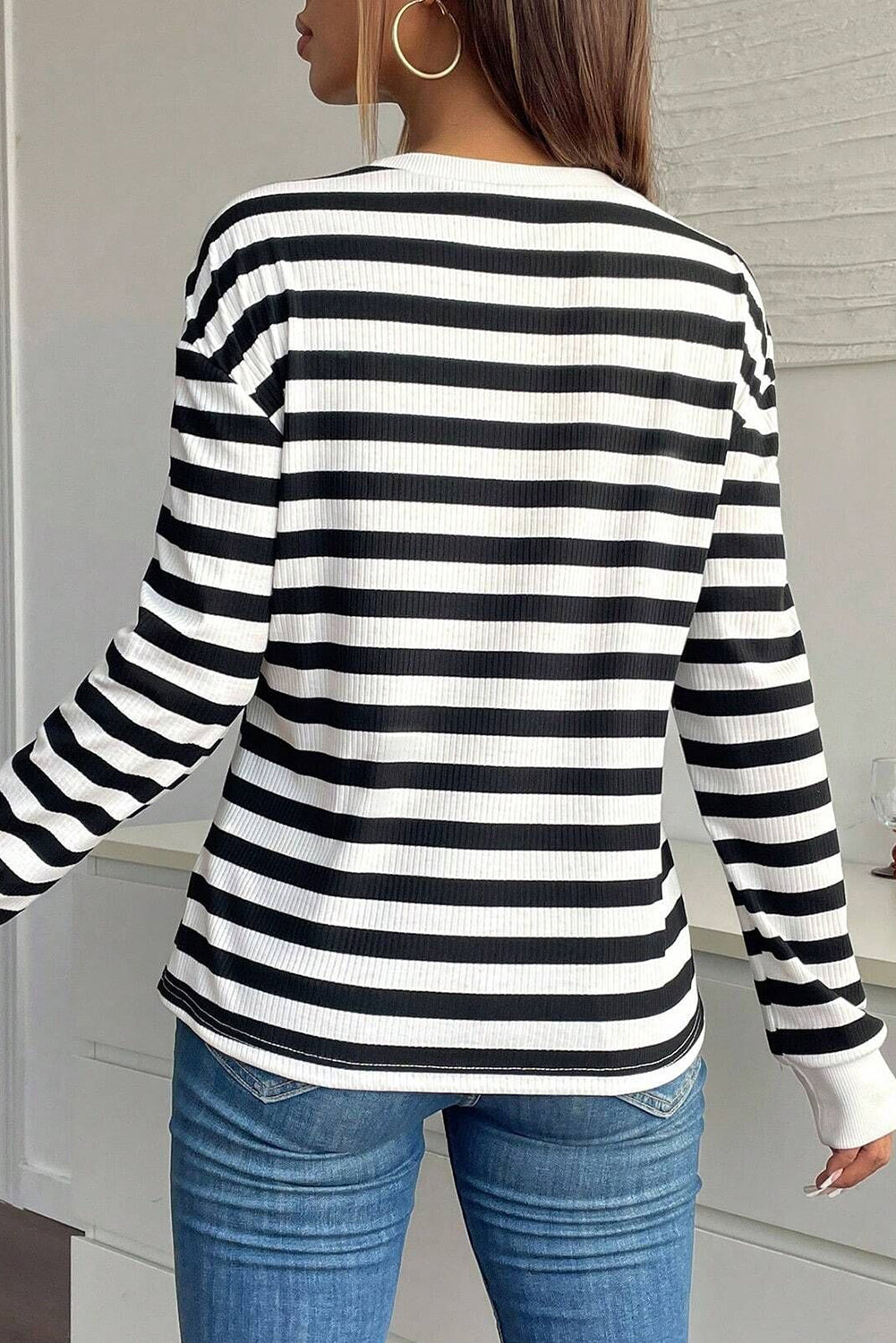 Black White Ribbed Striped Floral Applique Long Sleeve Top 054016888d52a25e