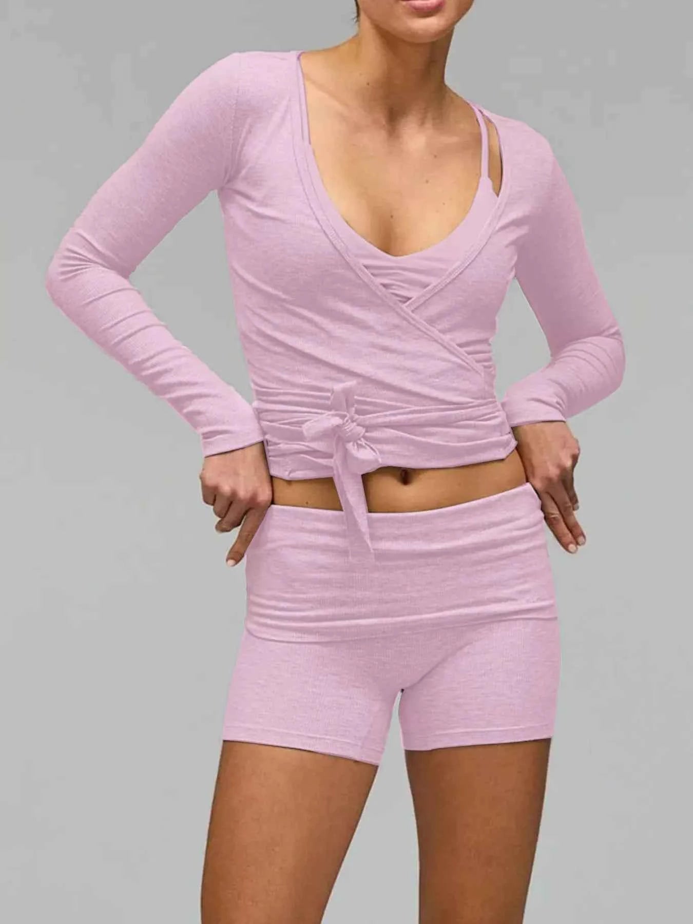Long Sleeve Fitted T-Shirt and Shorts Set Pink 0544db8a1af048459a03ac98612a70b0-Max-Origin