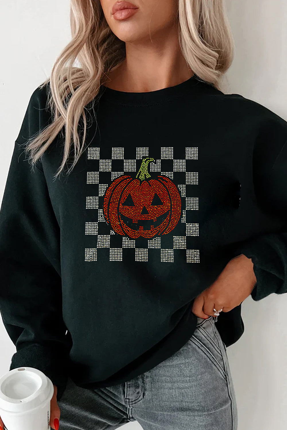 Black Jack-o-lantern Checkered Rhinestone Transfer Graphic Halloween Sweatshirt 055085deb127827c