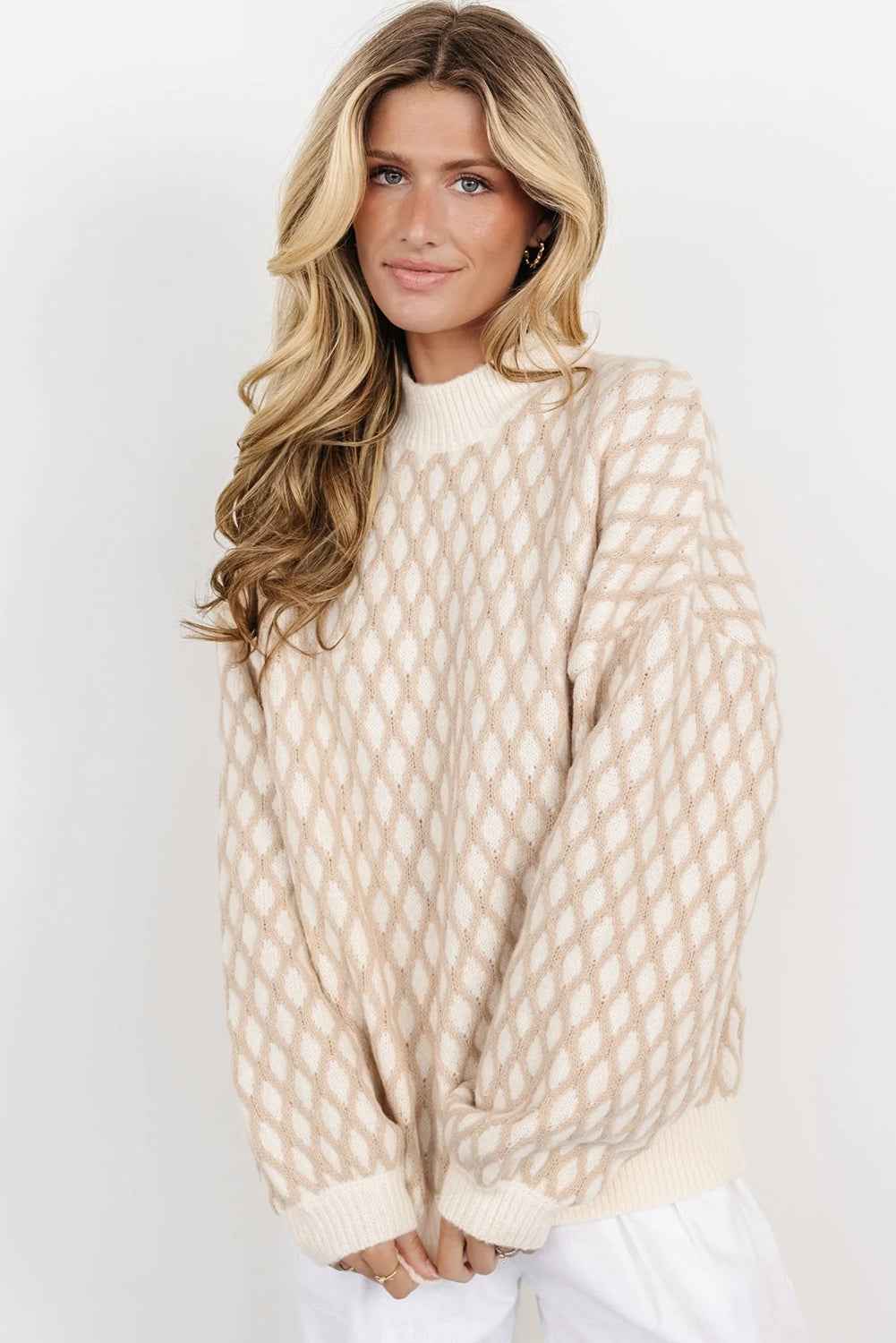 Oatmeal Rhombus Textured Knit Drop Sleeve Sweater Oatmeal 42%Acrylic+30%Polyester+28%Polyamide 05522557e4cf4b9b