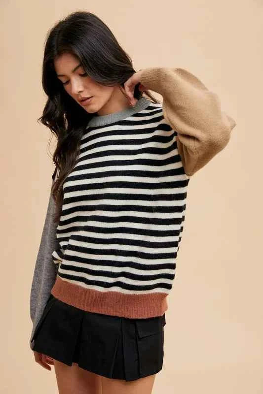 Annie Wear Striped Color Block Round Neck Sweater 05528fc8-2fac-4498-bee5-02ff786b6f8e-Max