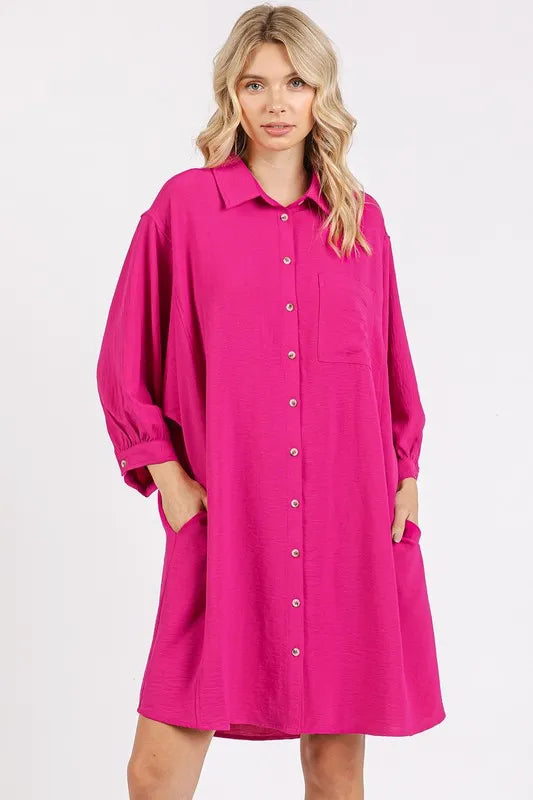Mittoshop Airflow 3/4 Sleeve Buttoned Shirt Mini Dress Hot Pink 055326af-824e-49de-8021-22421a3e74ae-Max