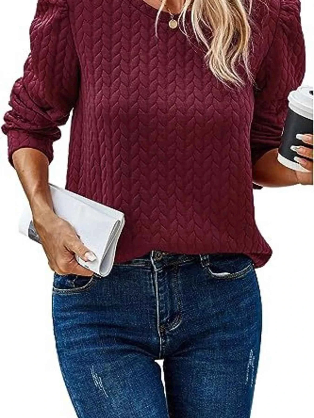 Texture Round Neck Long Sleeve Sweatshirt 055a257a474949d9b871f499a8acc7c0-Max-Origin