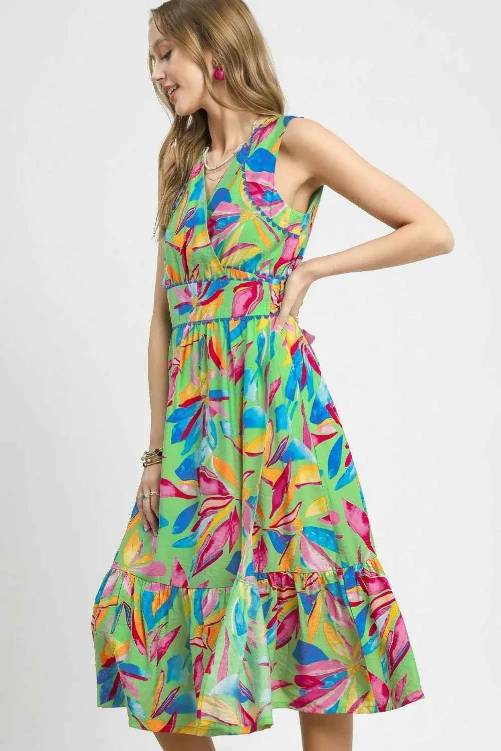 Umgee Ruffled Hem Printed Sleeveless Midi Dress 056832a0-07a9-4900-8dce-8b39c6ad332c-Max-Origin