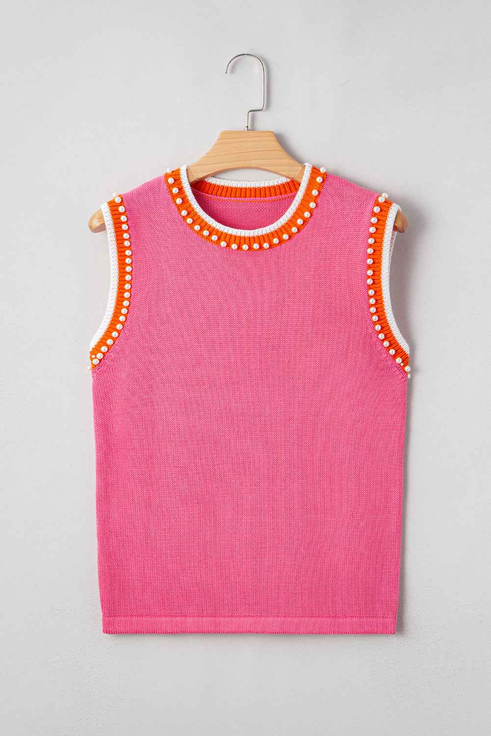 Bright Pink Pearl Embellished Contrast Trim Sleeveless Knit Top 057639c7c4c526e4