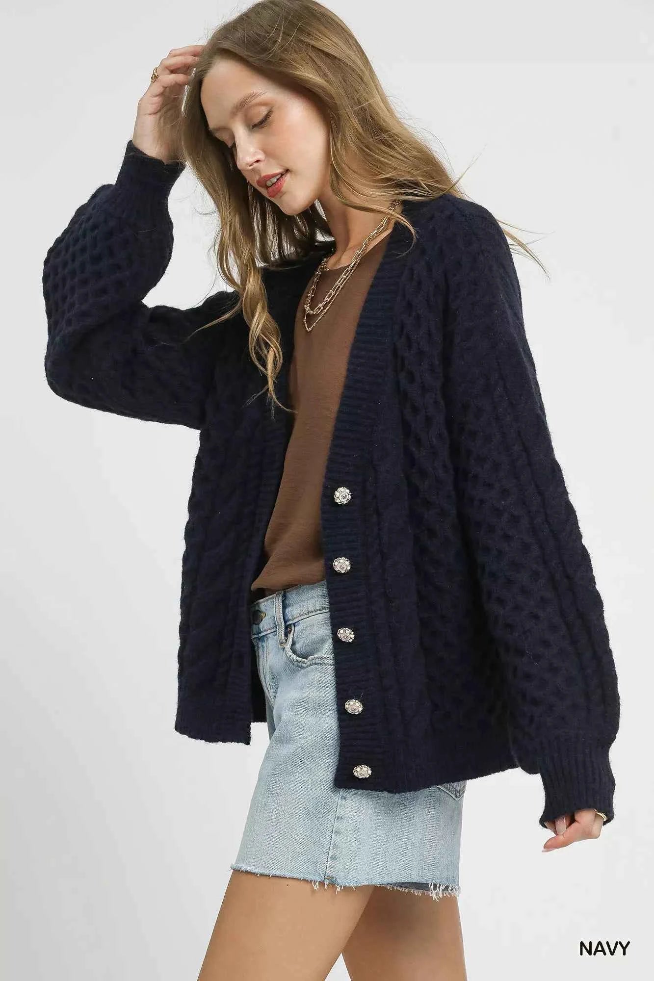 Umgee Cable Knit Pearl Button Cardigan 0586b7ce-662d-43cf-afb1-0b38f9648b62-Max-Origin