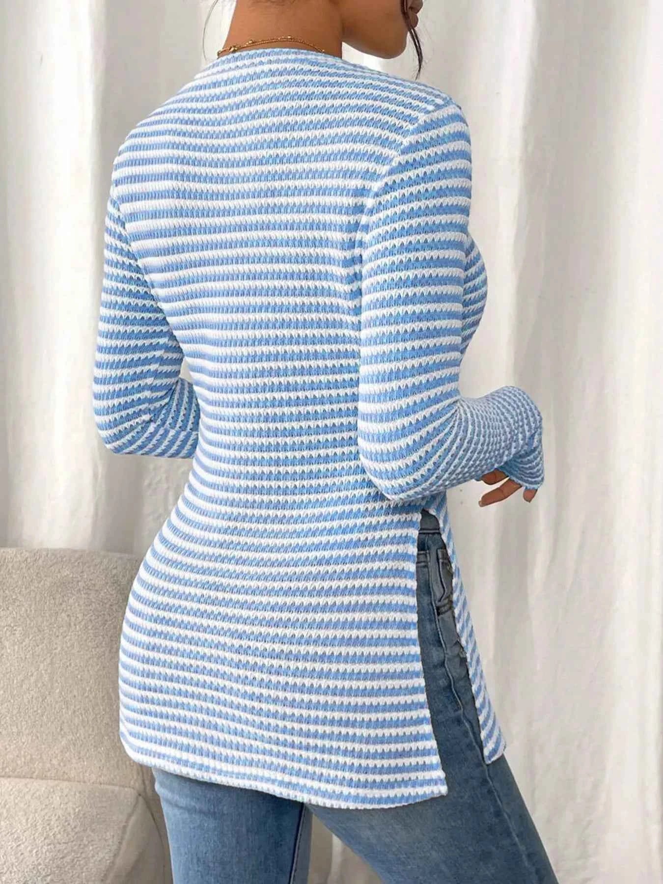 Side Slit Striped Long Sleeve T-Shirt 05980aadaa334f488767fb5f7b0502fd-Max-Origin