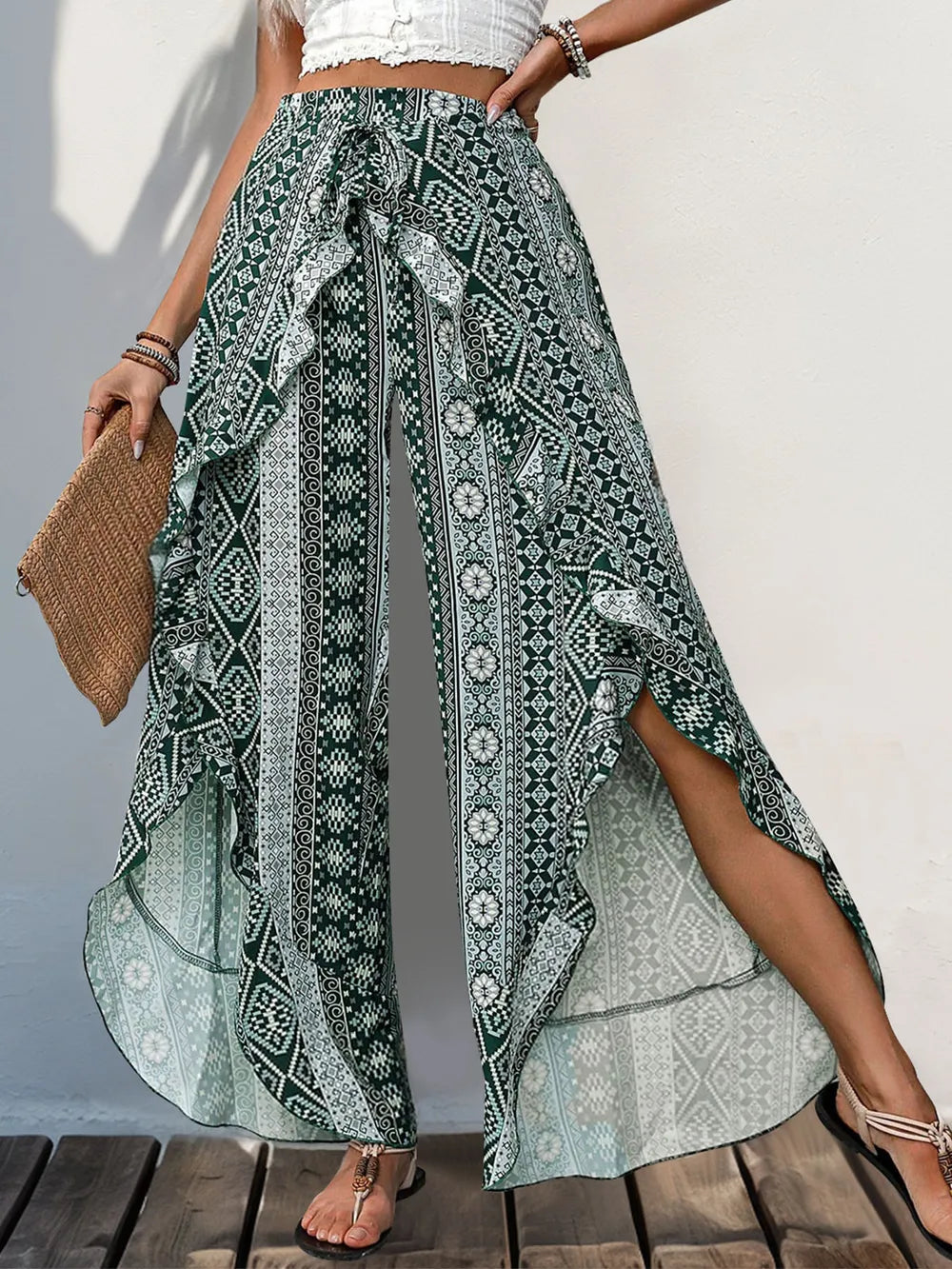 Perfee Slit Ruffled Geometric Wide Leg Pants Air Force Blue 05a2c11c-91c6-4455-8736-ca8d147175fe-Max