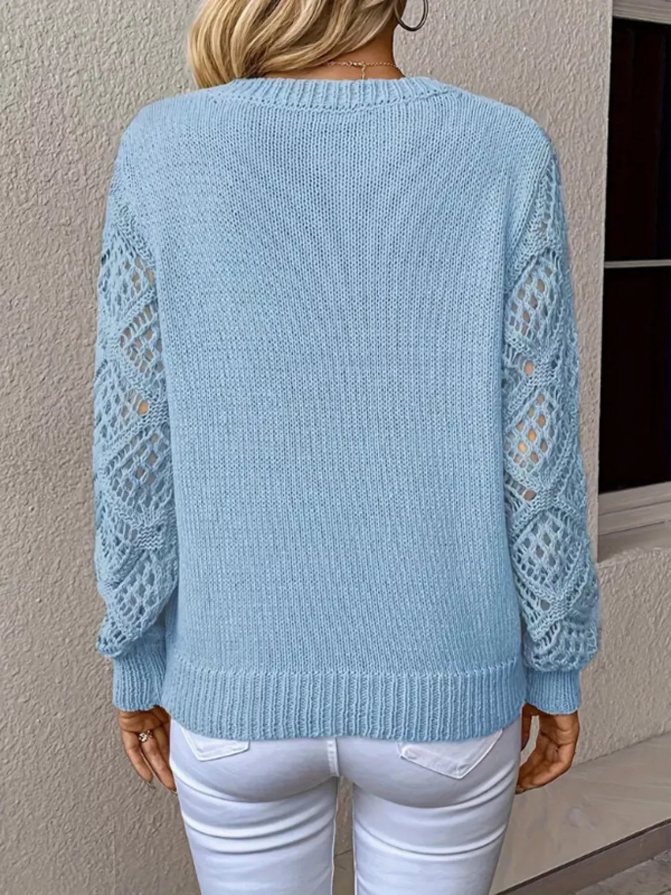 Openwork V-Neck Long Sleeve Sweater 05a2e65550a048de893216babb33a413-Max-Origin