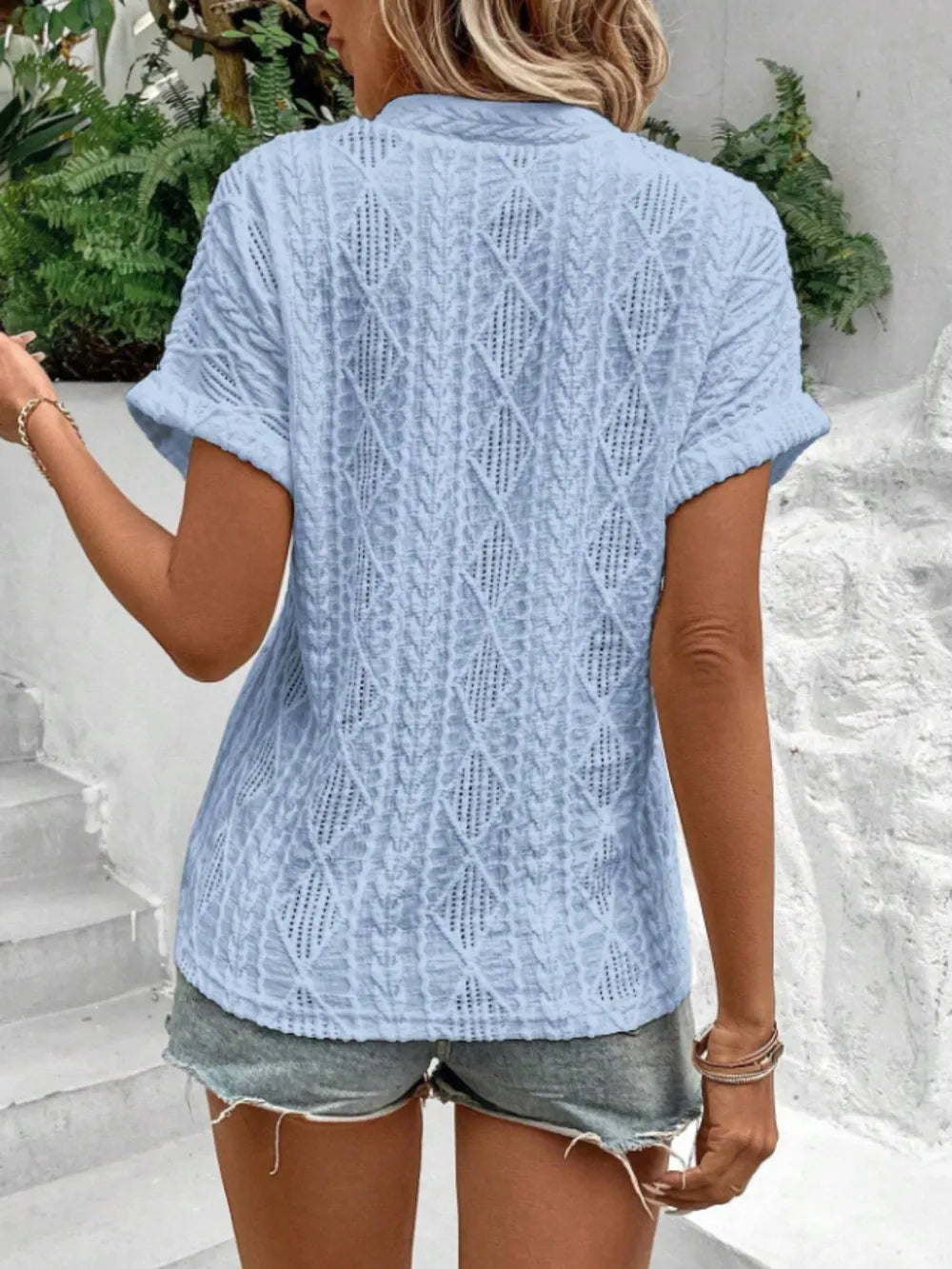 Openwork Notched Short Sleeve Blouse 05a9aa63-e00f-4474-bc66-6059ebea5e1b-Max