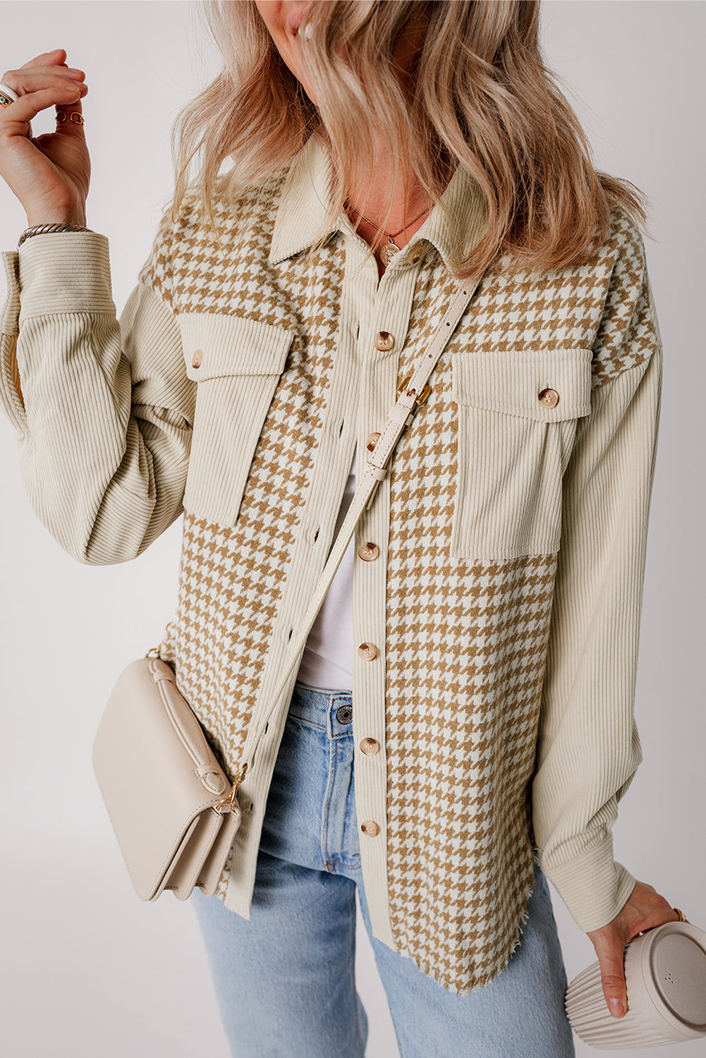 Parchment Houndstooth Corduroy Patchwork Flap Pocket Shacket 05b42e6a8089d09f