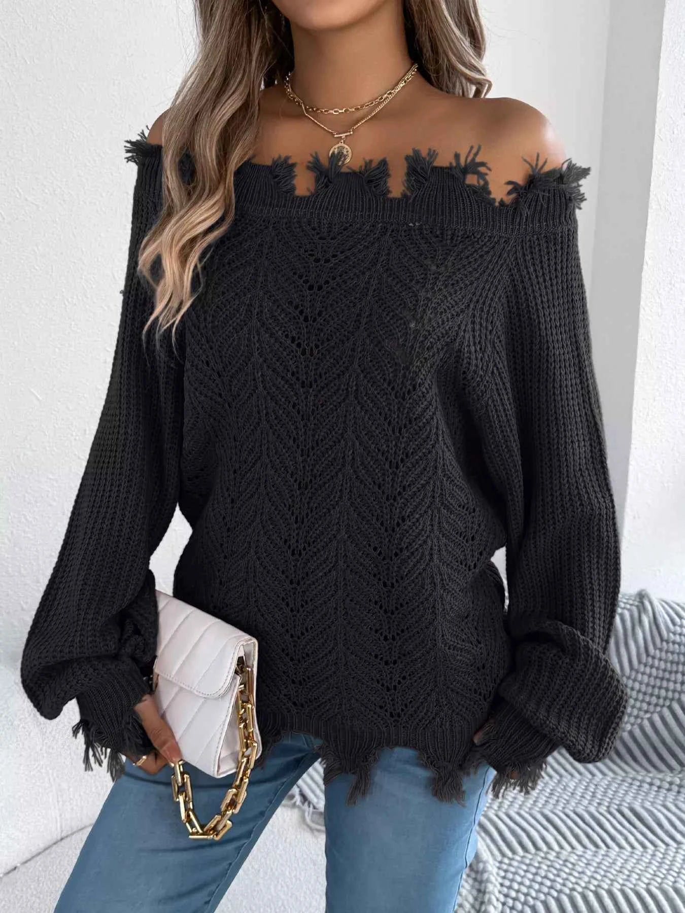Distressed Hem Openwork Off-Shoulder Sweater Black 05c4733cd3eb4409958769e88c92b0a1-Max-Origin