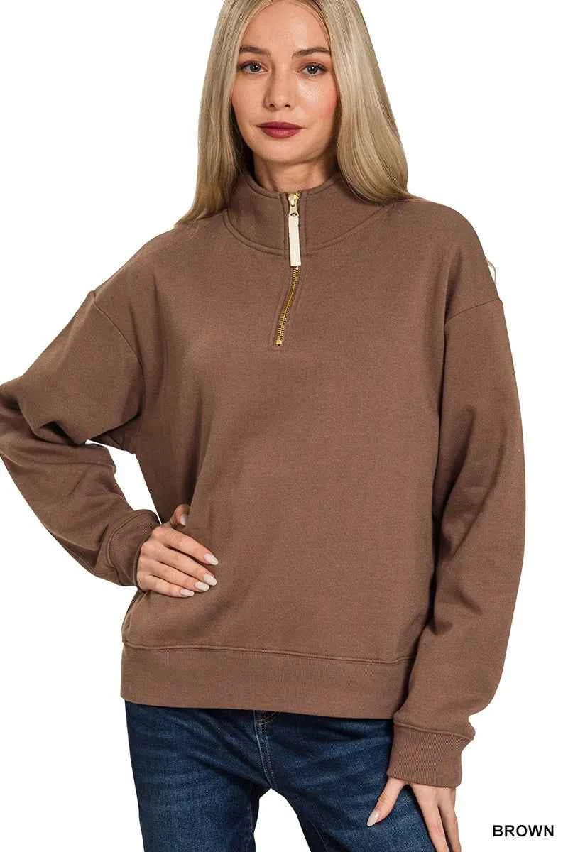 Zenana Fleece Half Zip Sweatshirt BROWN 05c4888608304dd0880d407f944369e7-Max-Origin