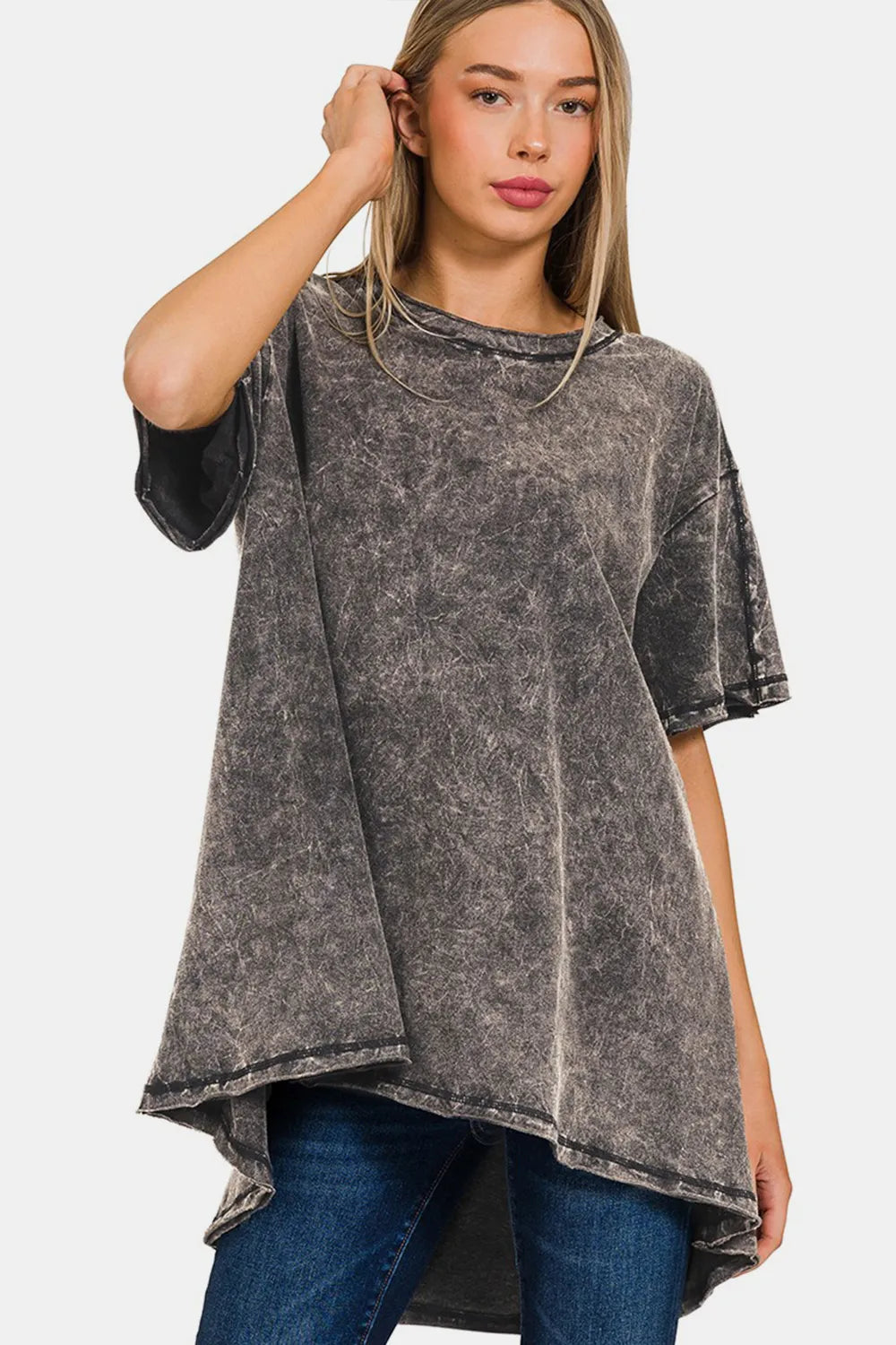 Zenana Round Neck Dropped Shoulder Blouse ASHBLACK 05c990f9-4d67-4c91-b125-03656584b7d5-Max