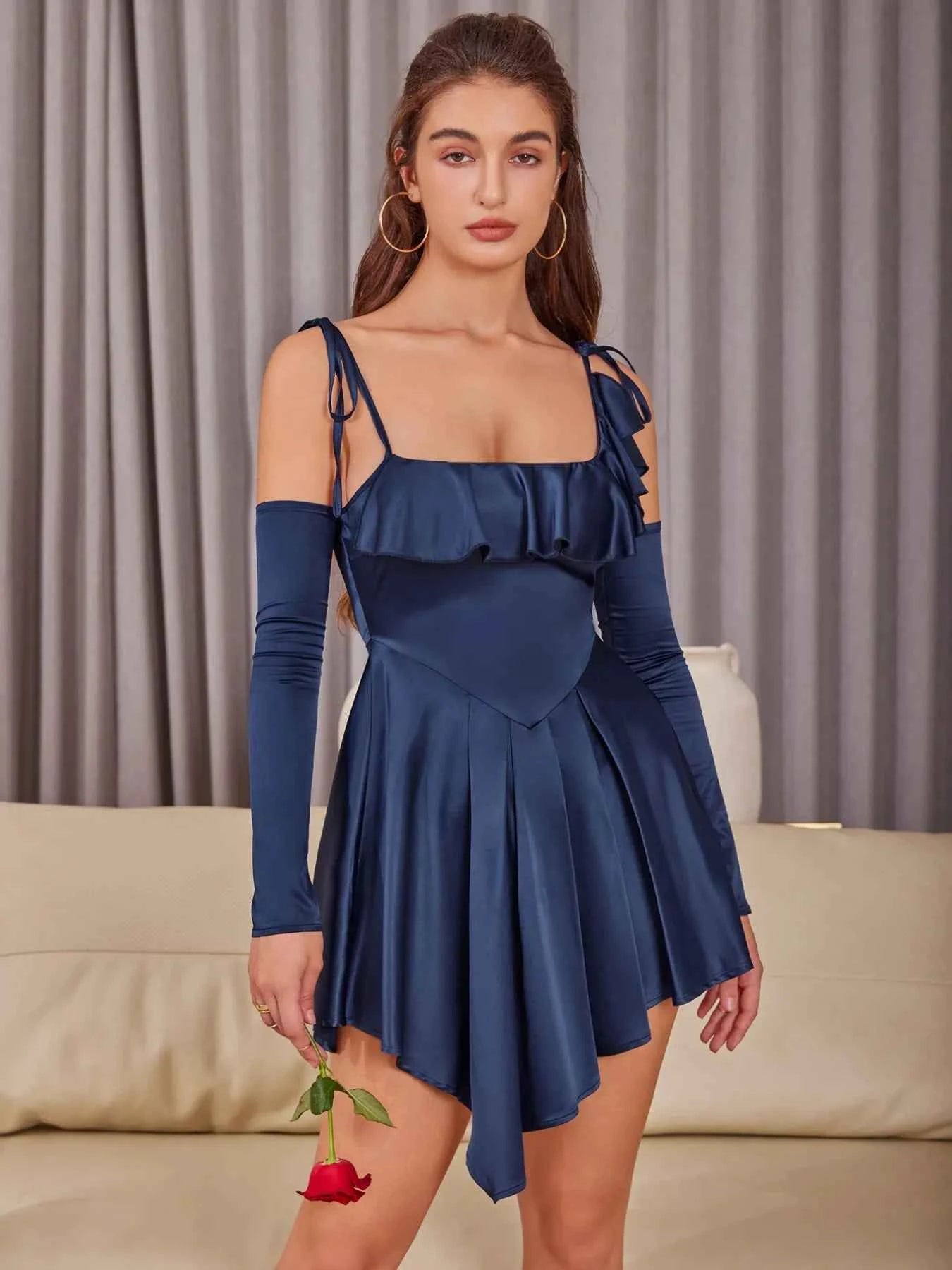 Asymmetrical Ruffle Hem Tie Shoulder Mini Dress 05ca961d-a2f0-4d89-a79f-092b8ce96a33-Max-Origin