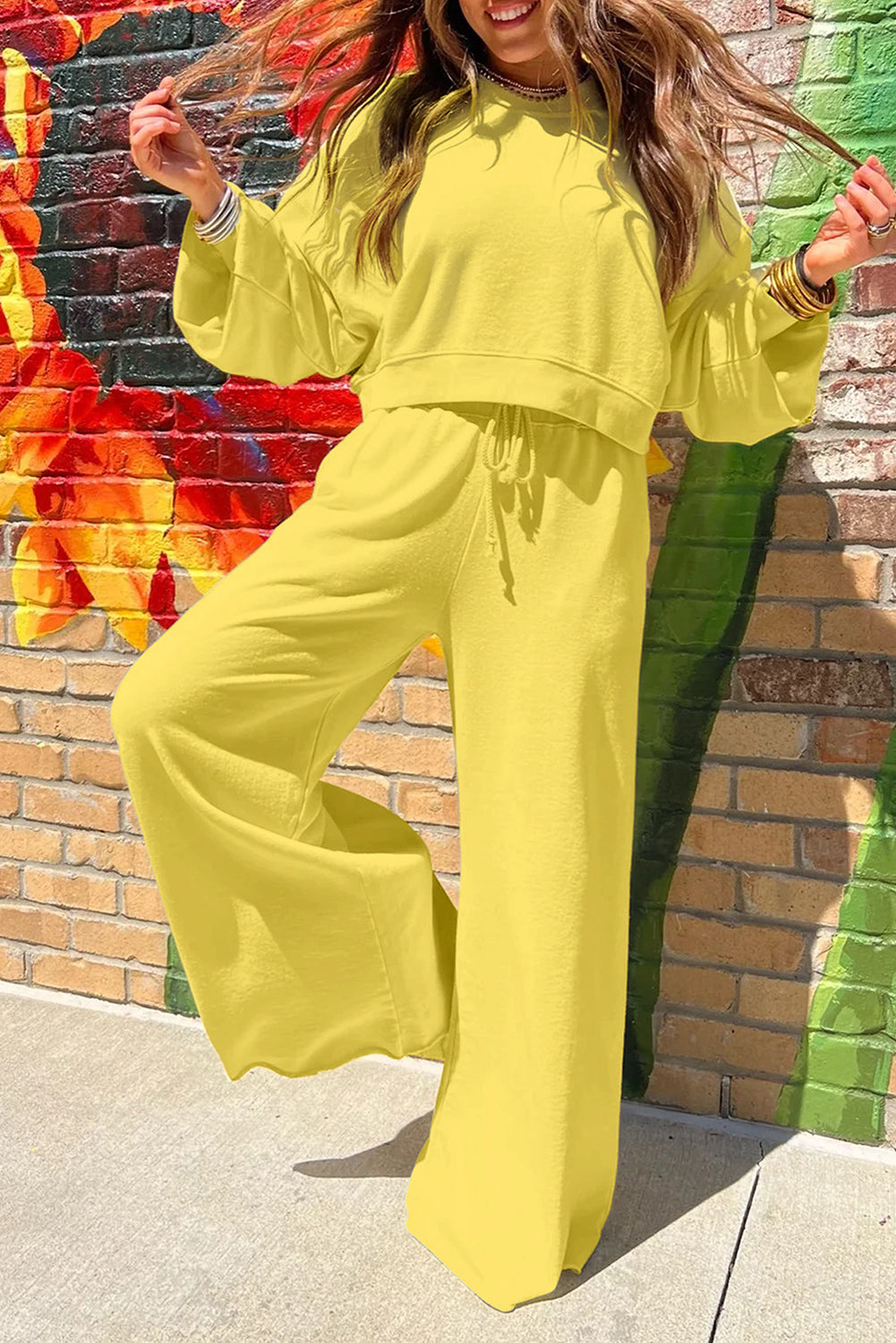 Bright Green Drop Shoulder Crop Pullover Drawstring Wide Leg Pants Set Yellow Cream 65%Polyester+35%Cotton 05d84e54c22608d0