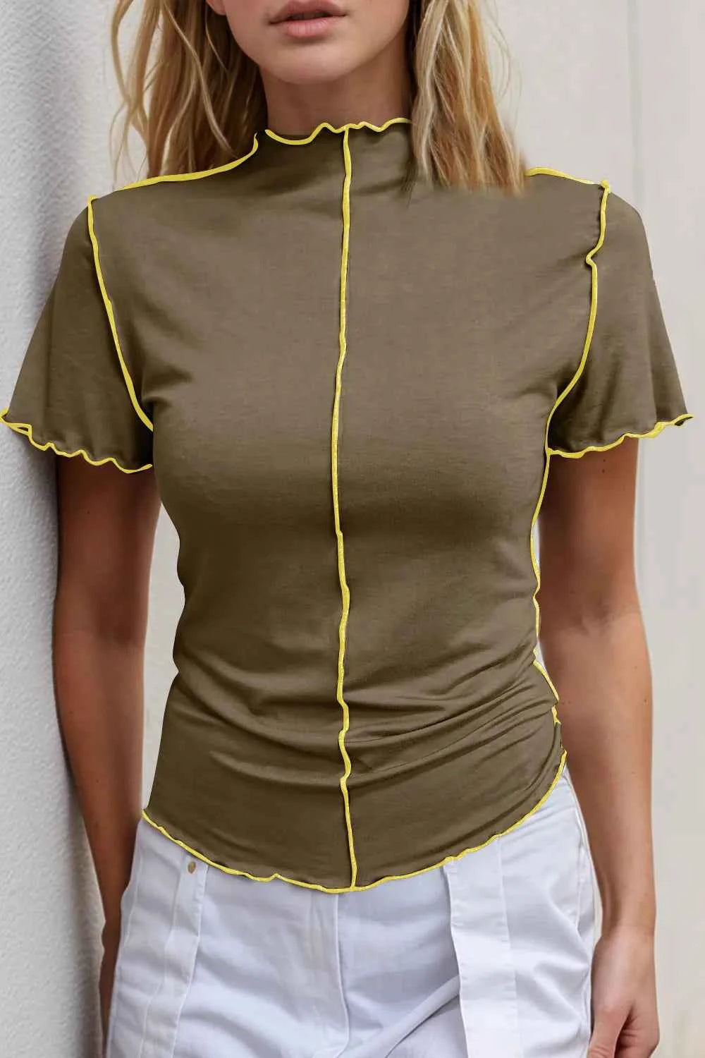Basic Bae Contrast Trim Mock Neck Short Sleeve T-Shirt Taupe 05eb3d9e-79f1-403a-94e7-c2803b9baa6a-Max