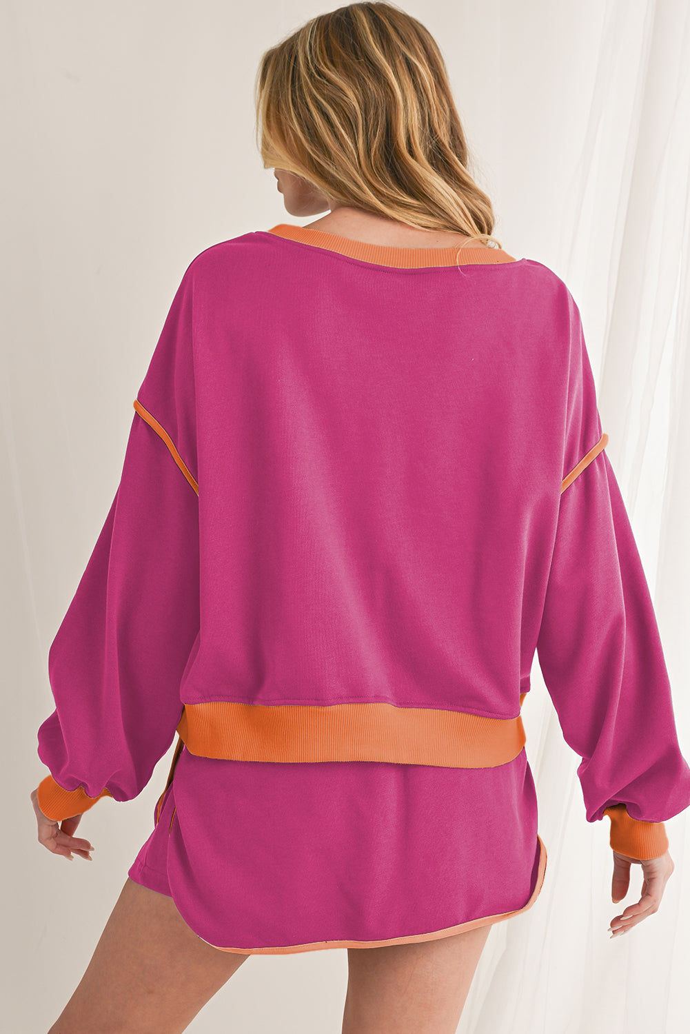 Rose Red Contrast Trim Loose Pullover and Lace-up Waist Shorts Set 0608b9b038cd8f38