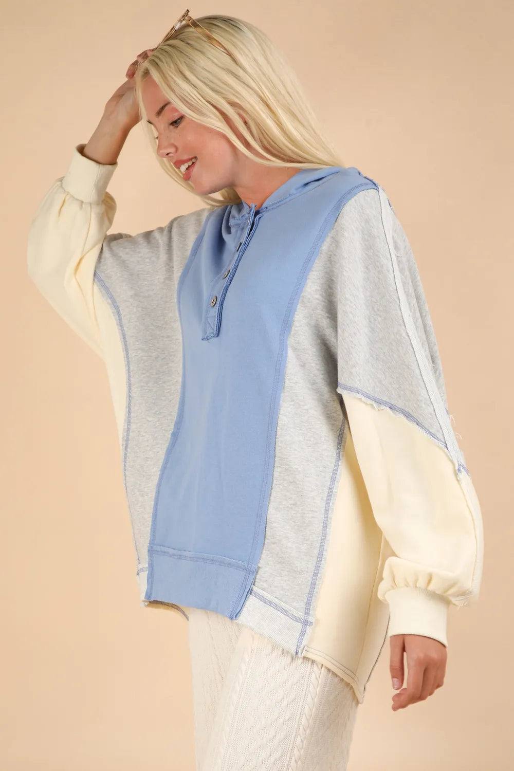 VERY J Exposed Seam Color Block Half Button Hoodie 060cdb29-2685-4464-b46f-8016917b1cab-Max