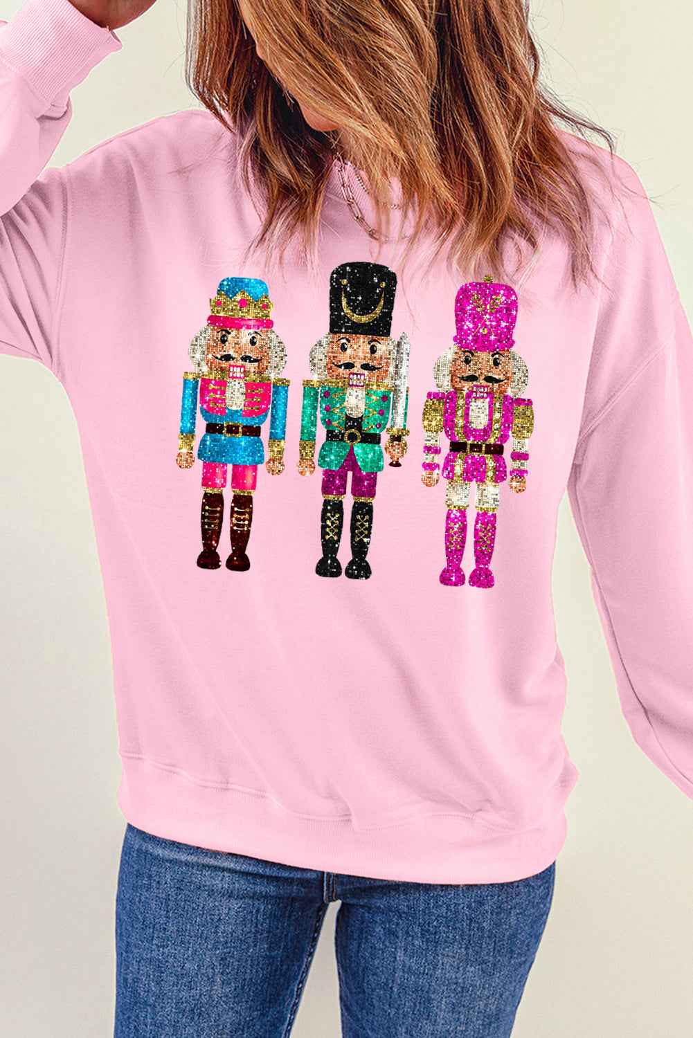 Pink Cute Nutcracker Heat Transfer Printing Graphic Drop Shoulder Christmas Sweatshirt 0632e7f404e4cdcc