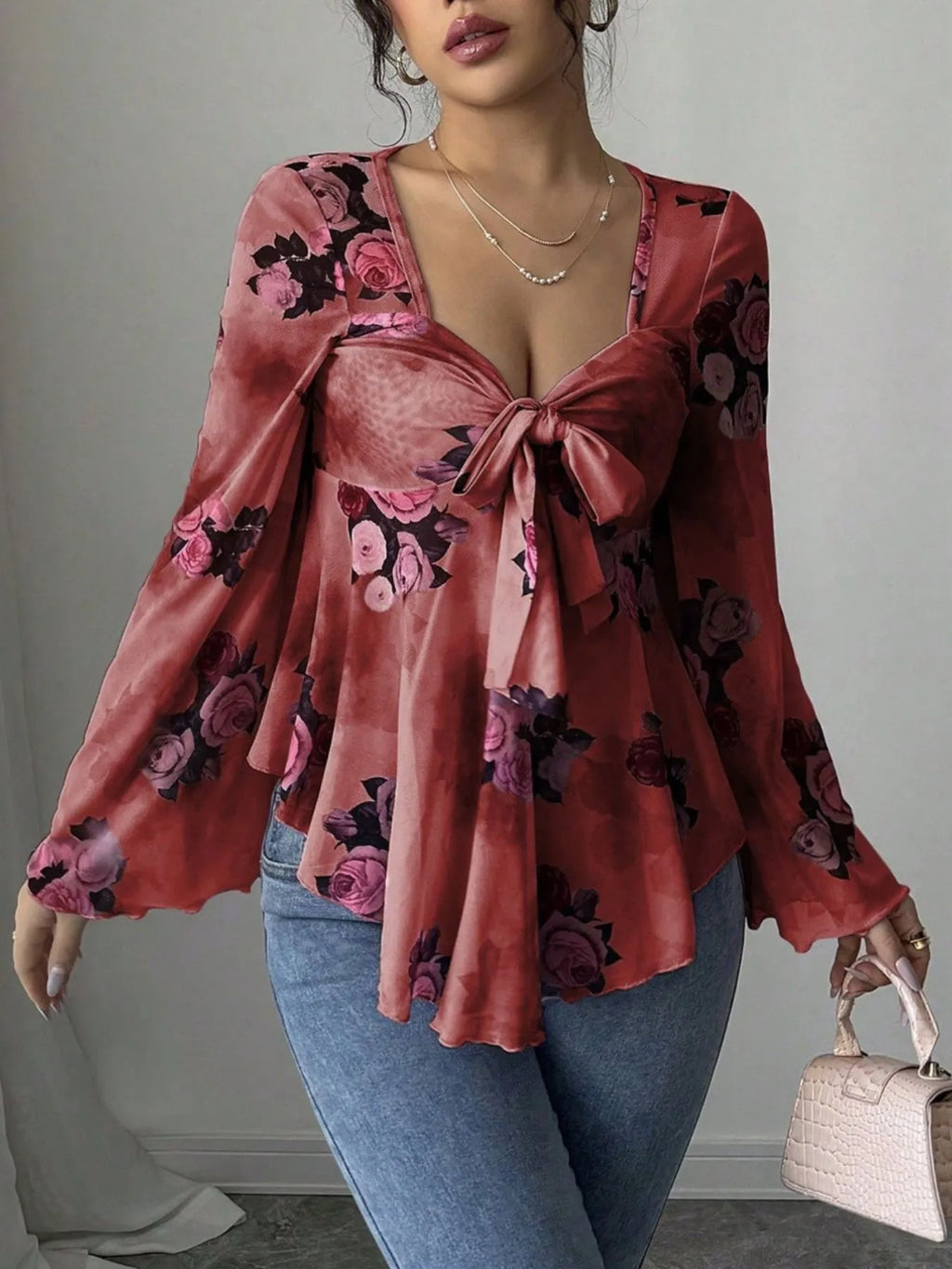 Floral Tie Front Flare Sleeve Blouse 06377cb8-49db-42fc-ba7f-ddf59378bc65-Max-Origin