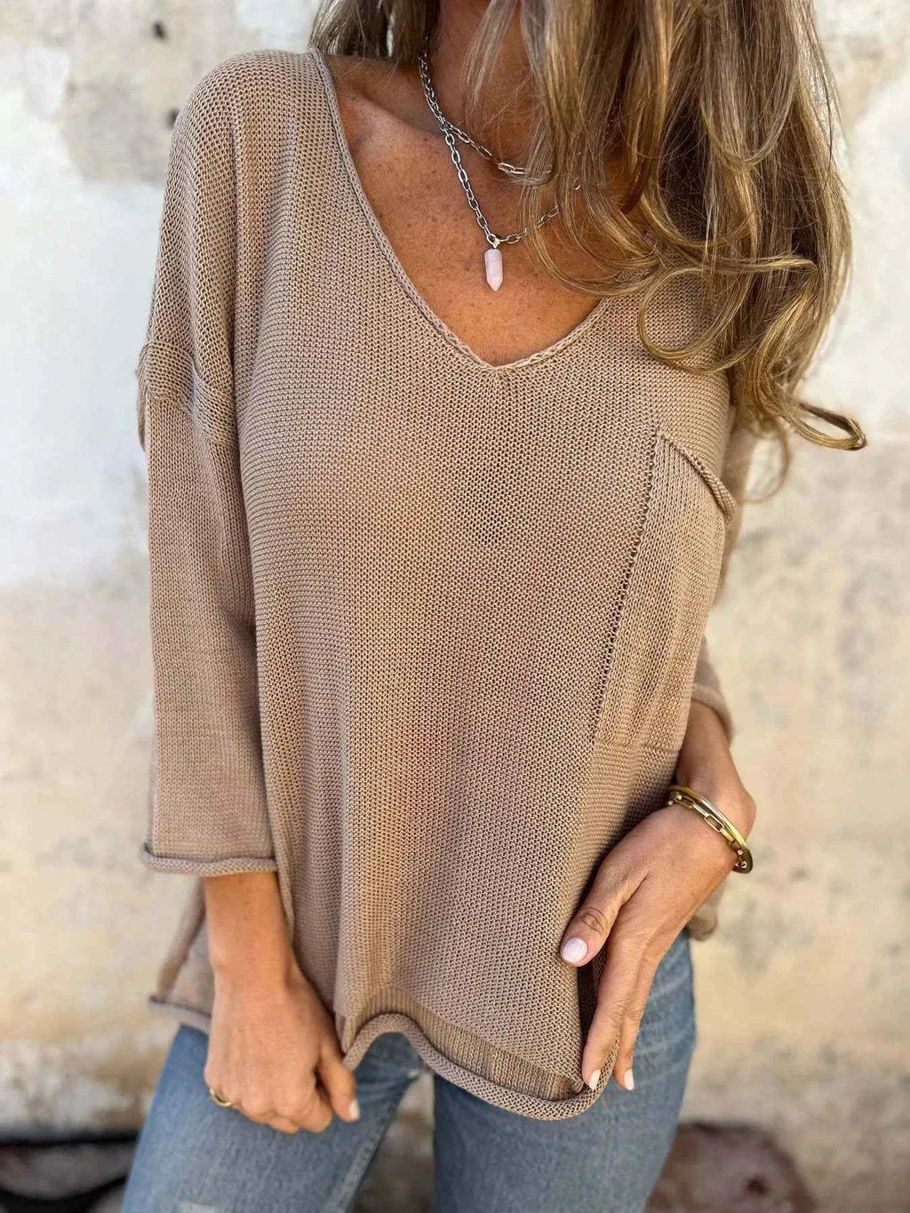 Full Size Casual V-Neck Knit Sweater Plus Size Mocha 064de158-de8a-4cf1-8670-58c3e3fe085c-Max-Origin