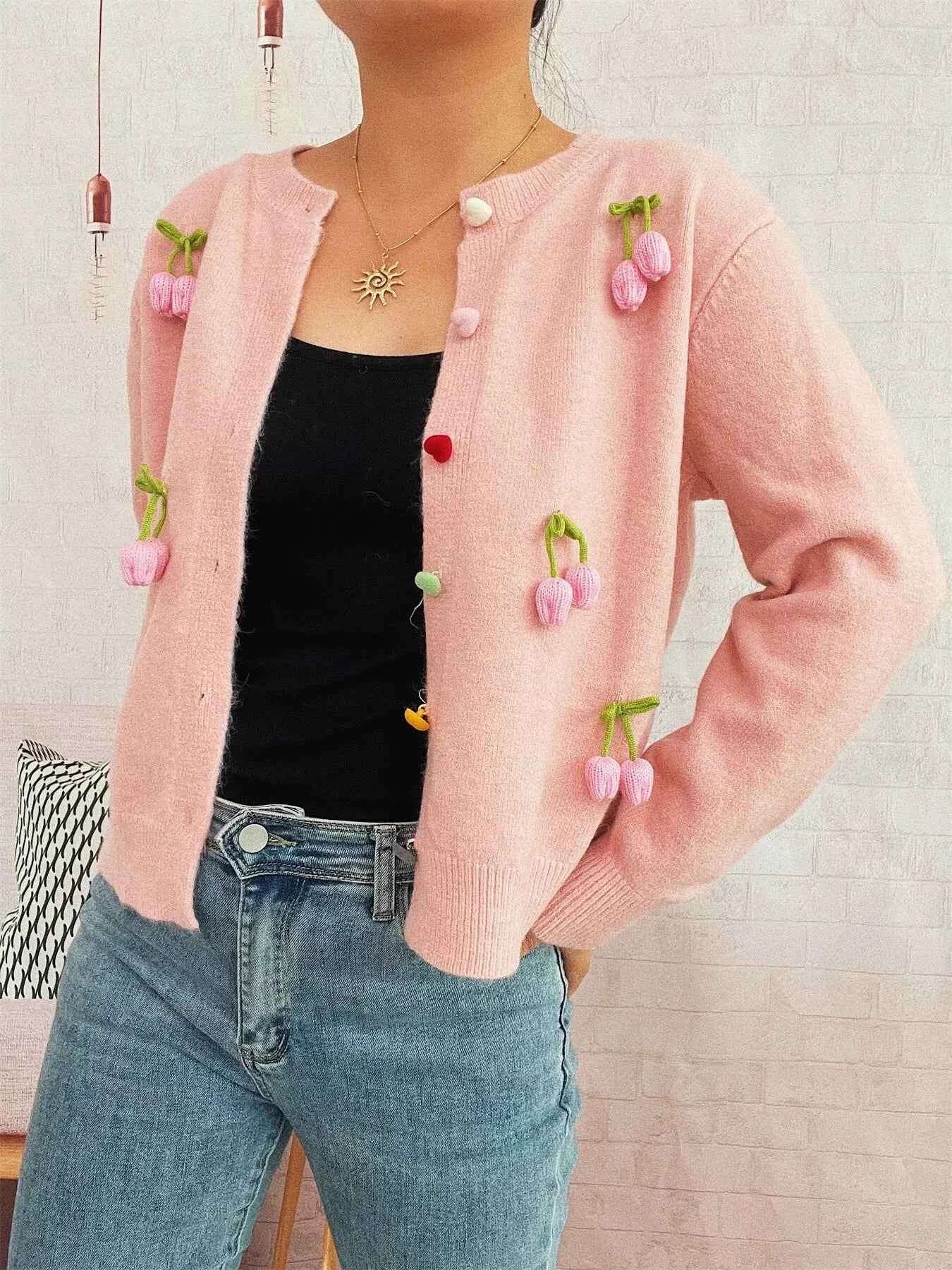Flower Button Up Long Sleeve Cardigan Pink One Size 0665b5963fbe43ceba366eacfc047c05-Max-Origin
