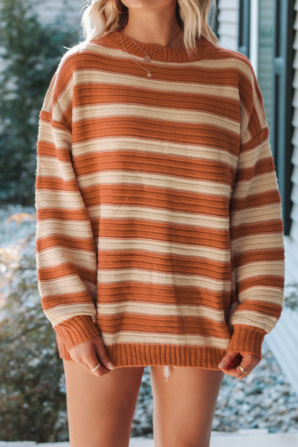 Orange Striped Ribbed Trim Drop Shoulder Sweater 066e3ae2732b19e6