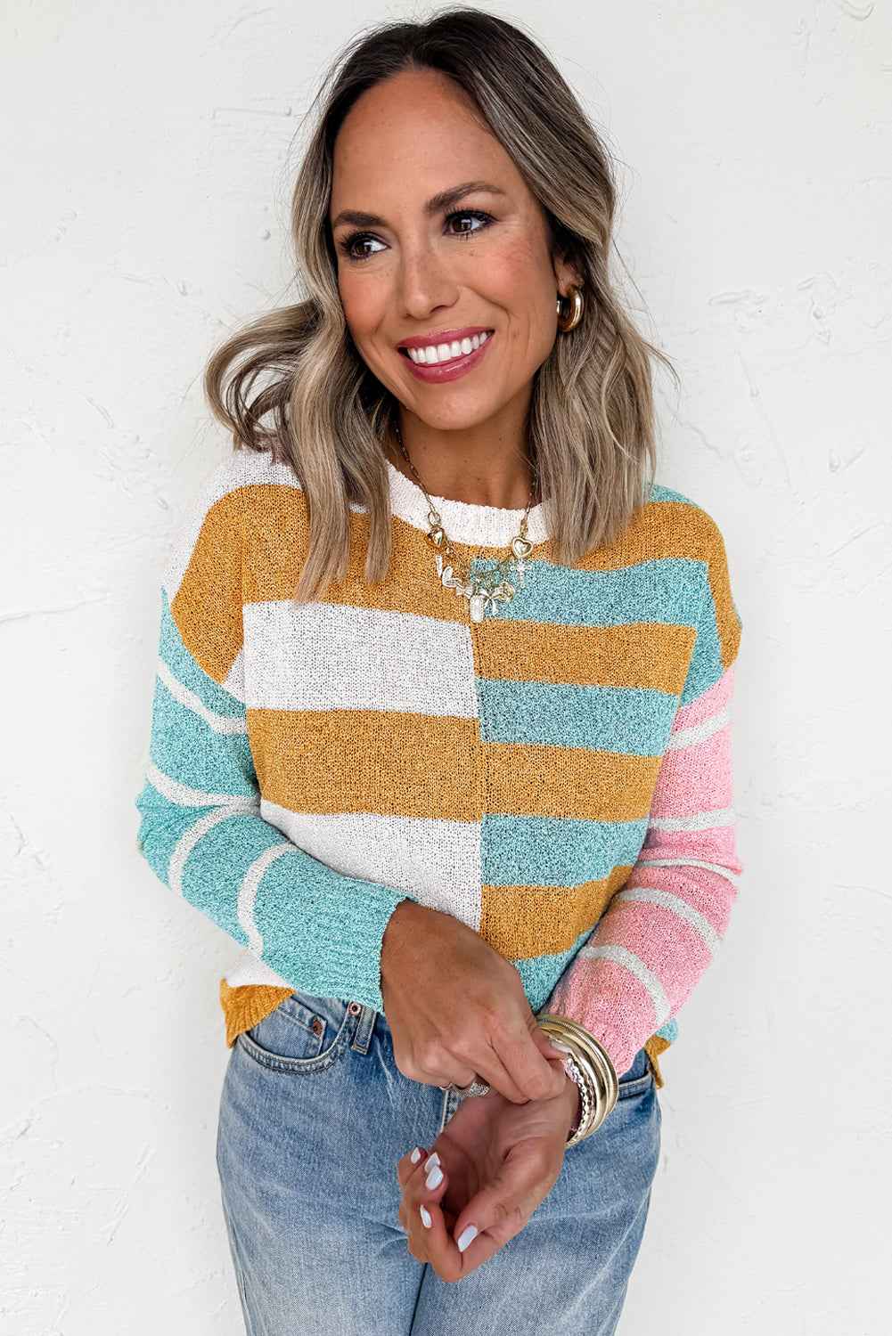 Jurassic Gold Colorblock Striped Pullover Sweater 0680d78069bef049