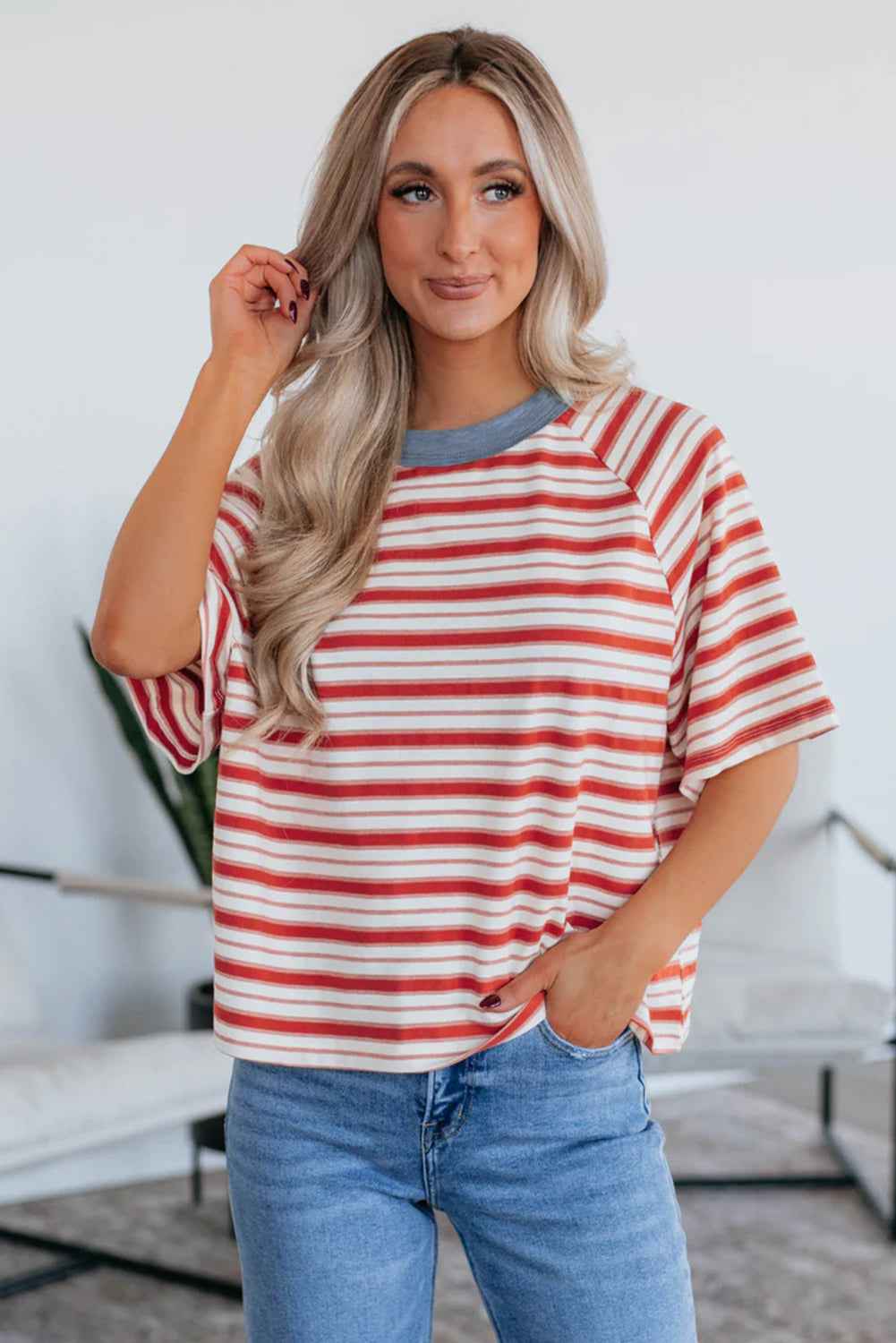 Tomato Red Striped Raglan Sleeve Contrast Neck T-Shirt 0682d8fd8ae139b7