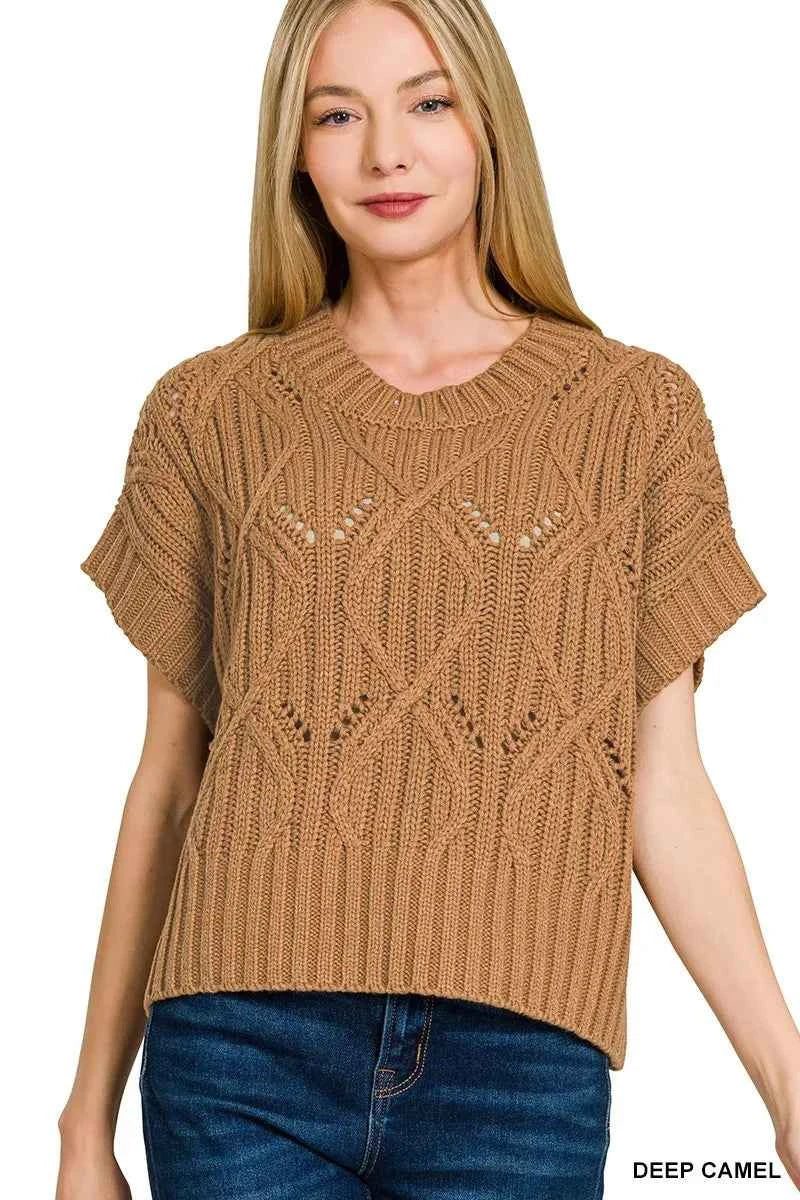 Zenana Cable Knit Short Sleeve Sweater DEEP CAMEL 068e0528033d41989cec2bcf95abe2a2-Max-Origin